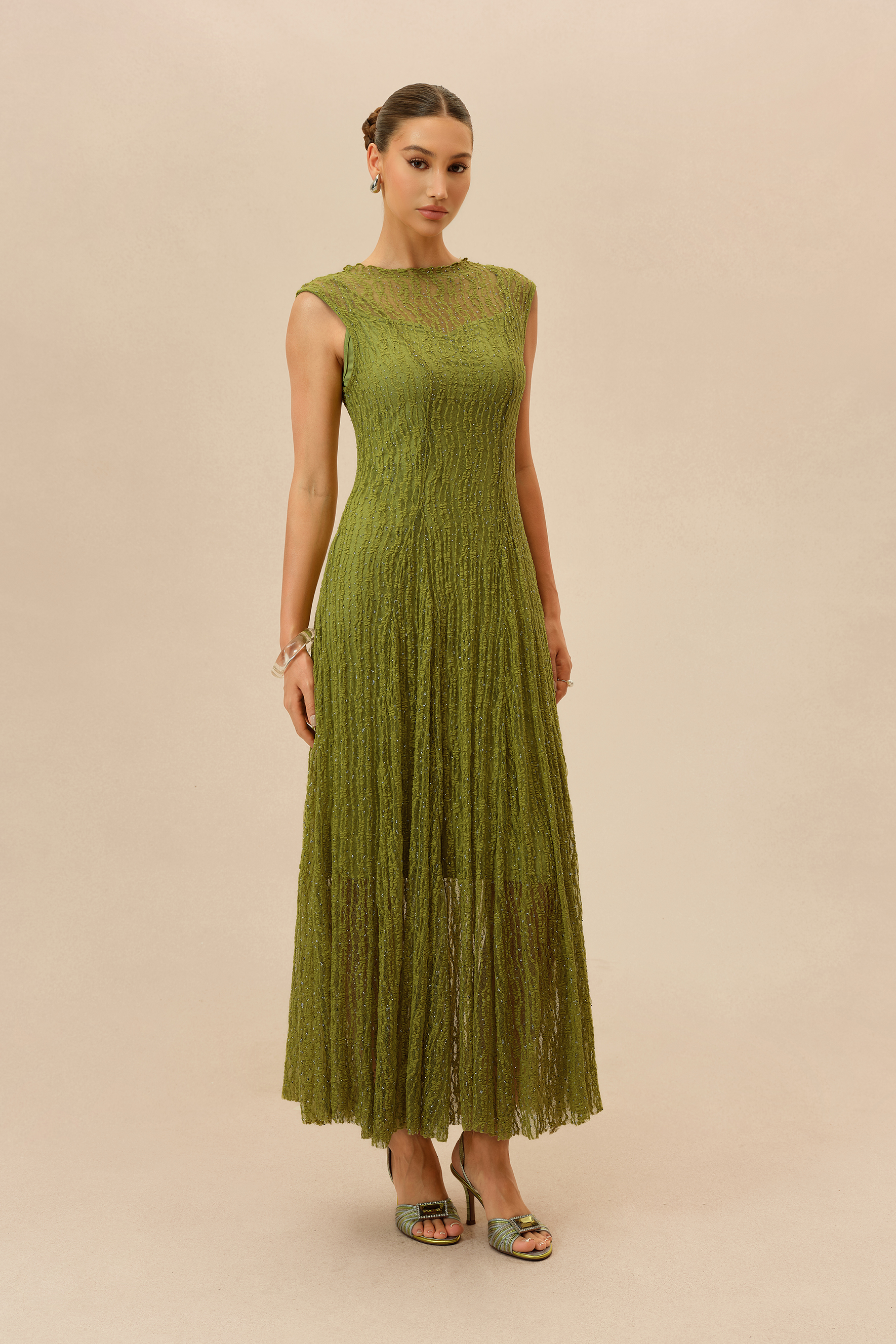 Quiet Moment Olive Rhinestone Embellished Semi-sheer Maxi Dress