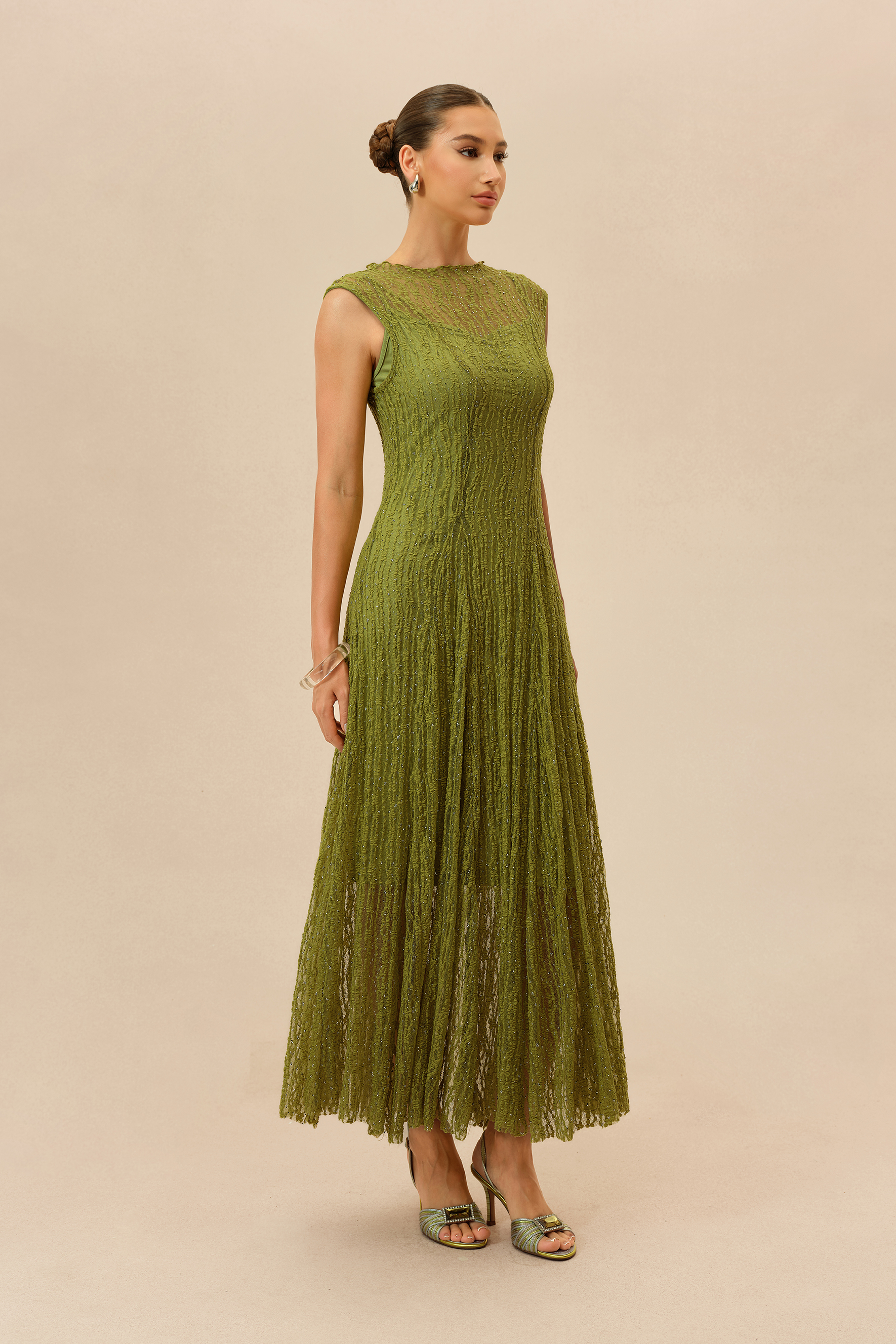 Quiet Moment Olive Rhinestone Embellished Semi-sheer Maxi Dress