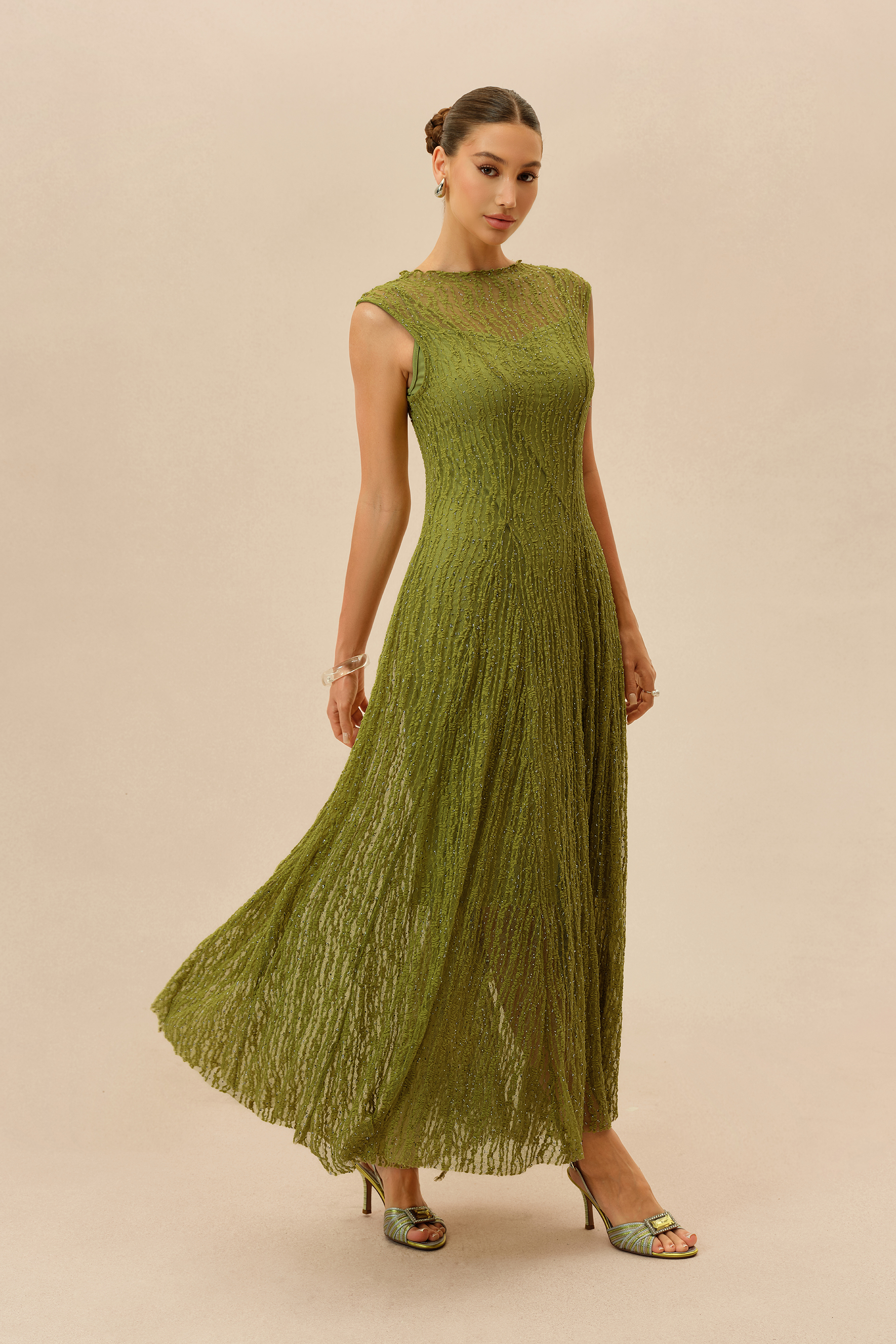 Quiet Moment Olive Rhinestone Embellished Semi-sheer Maxi Dress
