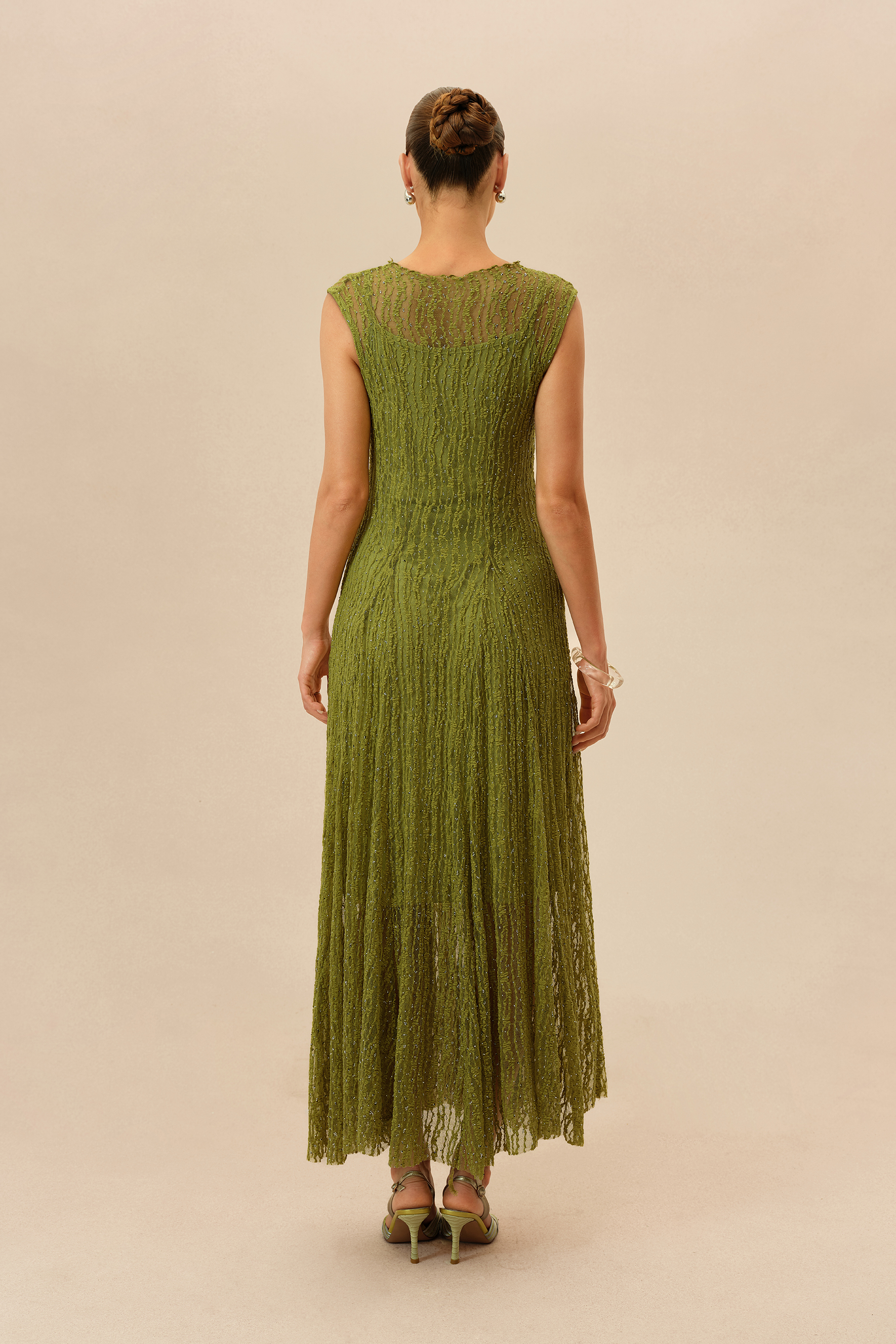 Quiet Moment Olive Rhinestone Embellished Semi-sheer Maxi Dress