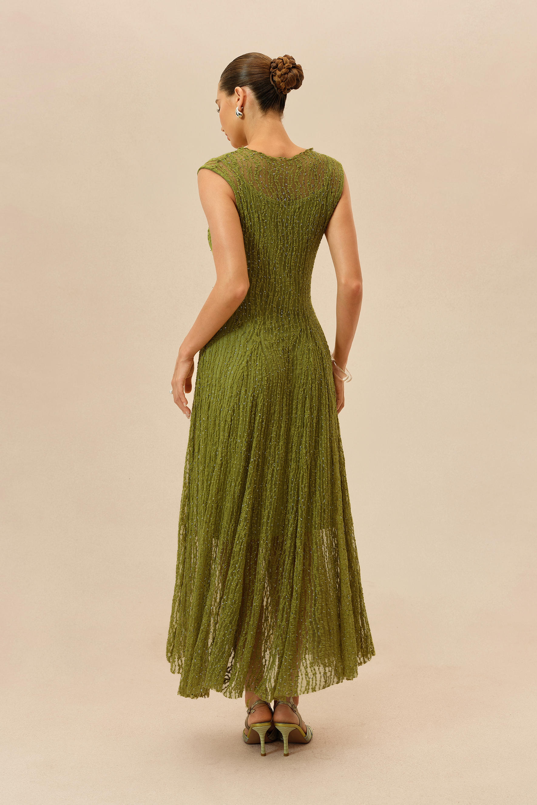 Quiet Moment Olive Rhinestone Embellished Semi-sheer Maxi Dress