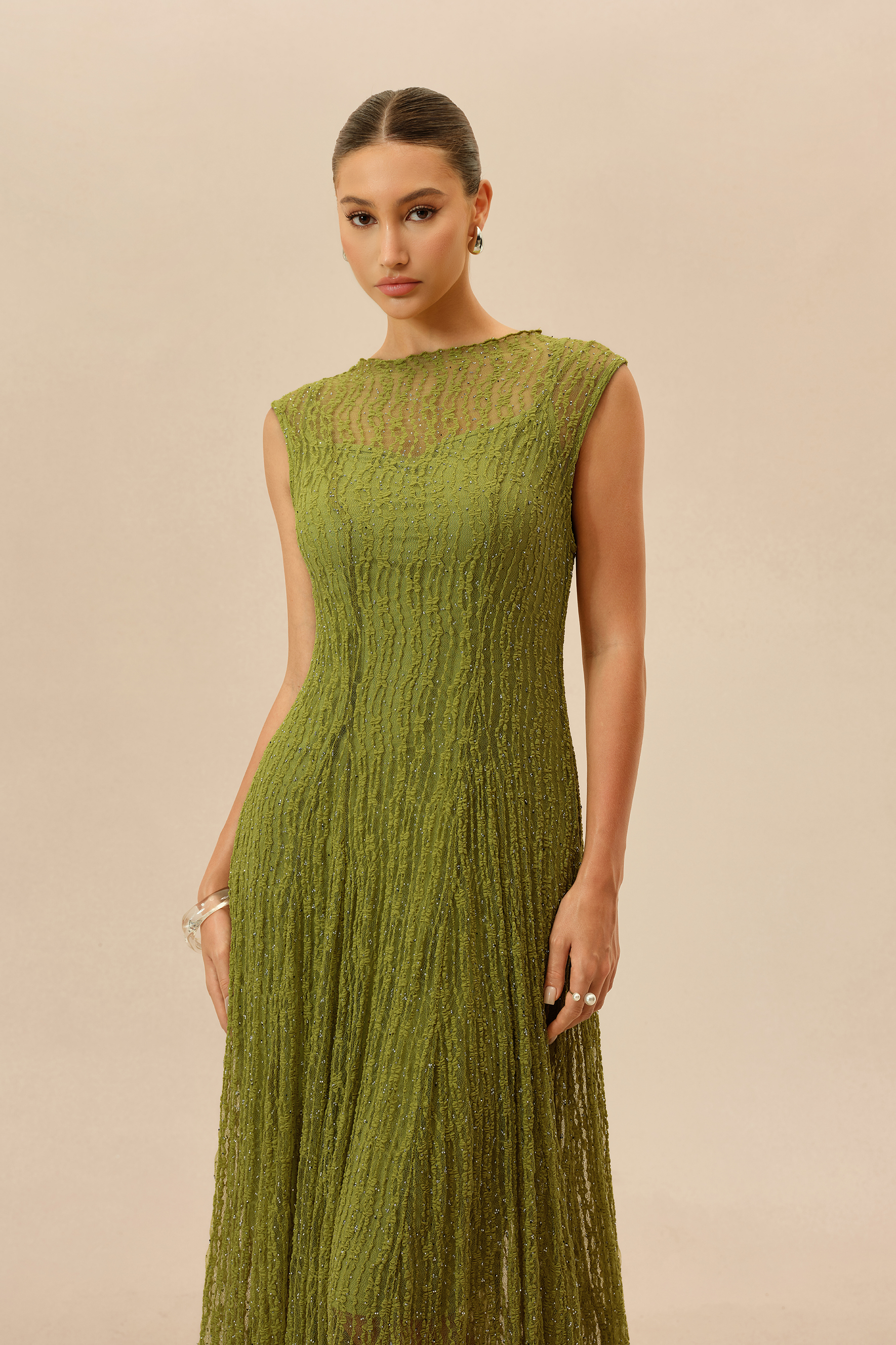Quiet Moment Olive Rhinestone Embellished Semi-sheer Maxi Dress