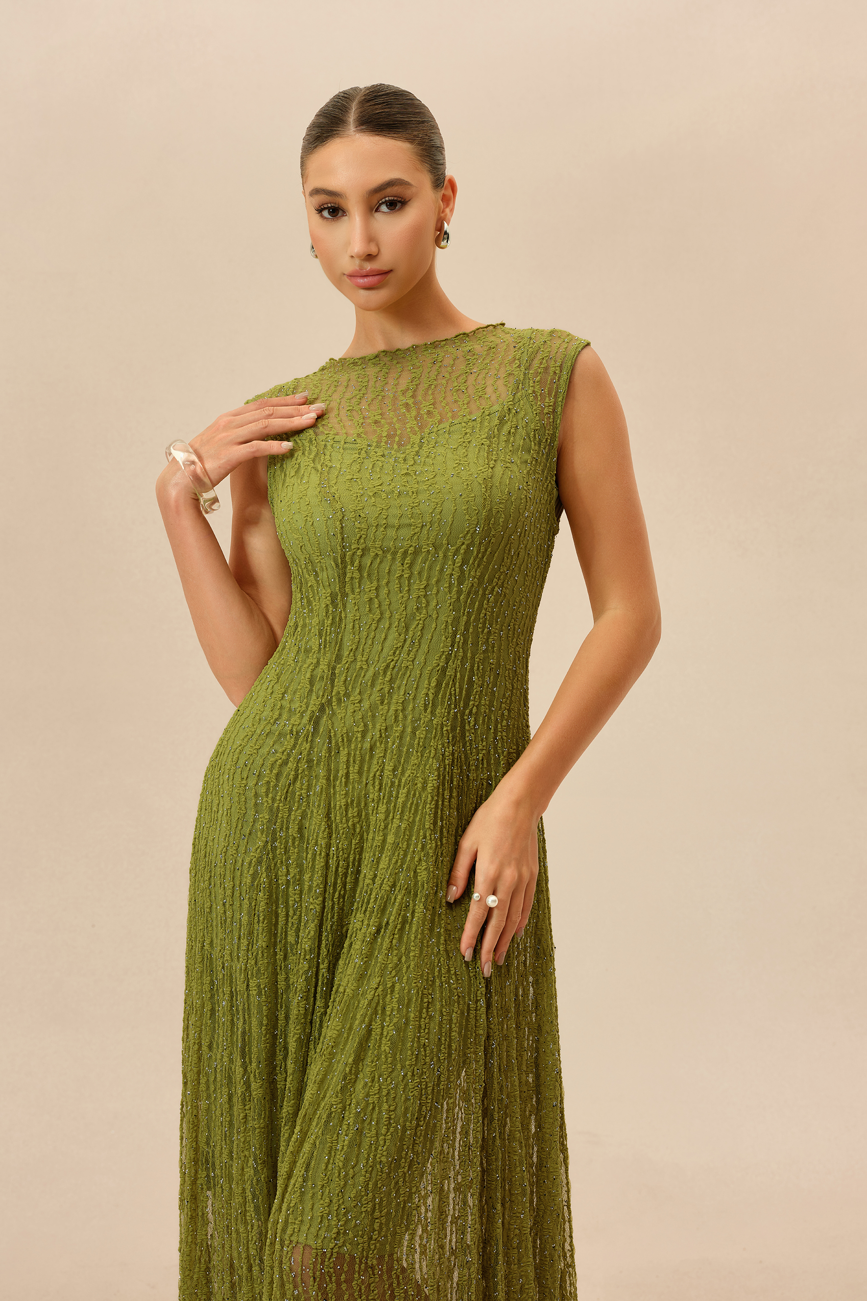 Quiet Moment Olive Rhinestone Embellished Semi-sheer Maxi Dress