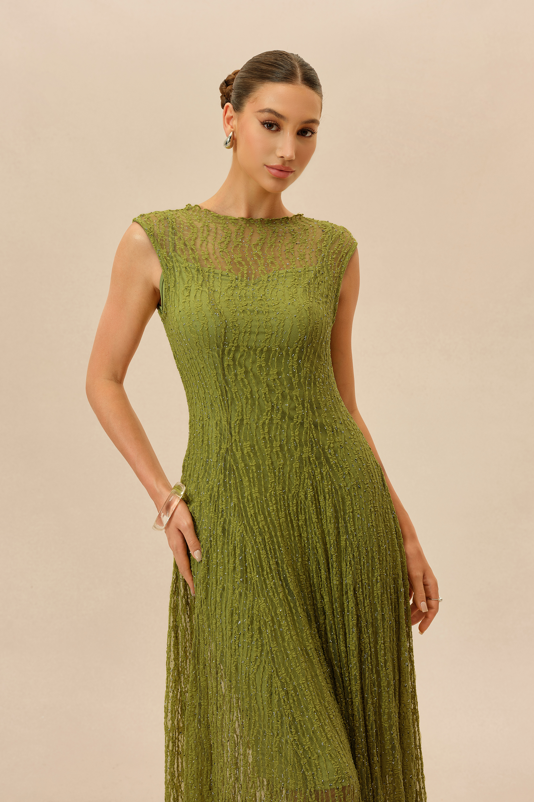 Quiet Moment Olive Rhinestone Embellished Semi-sheer Maxi Dress