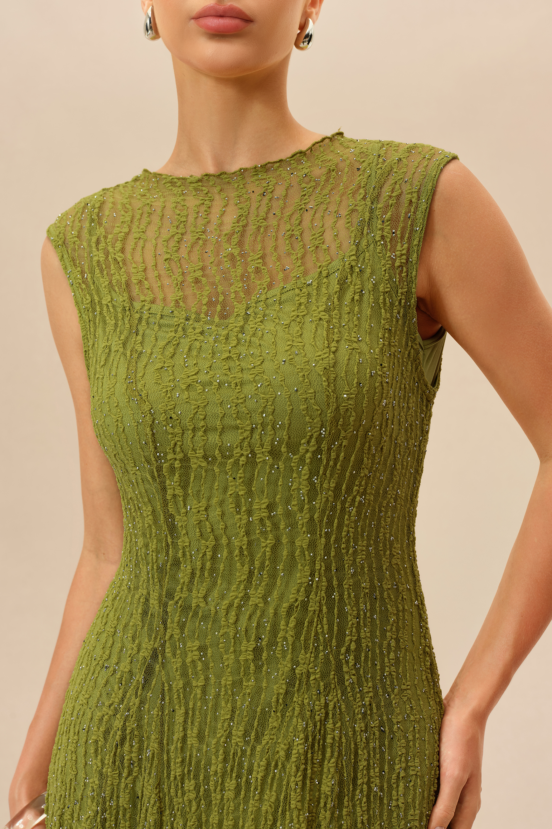 Quiet Moment Olive Rhinestone Embellished Semi-sheer Maxi Dress