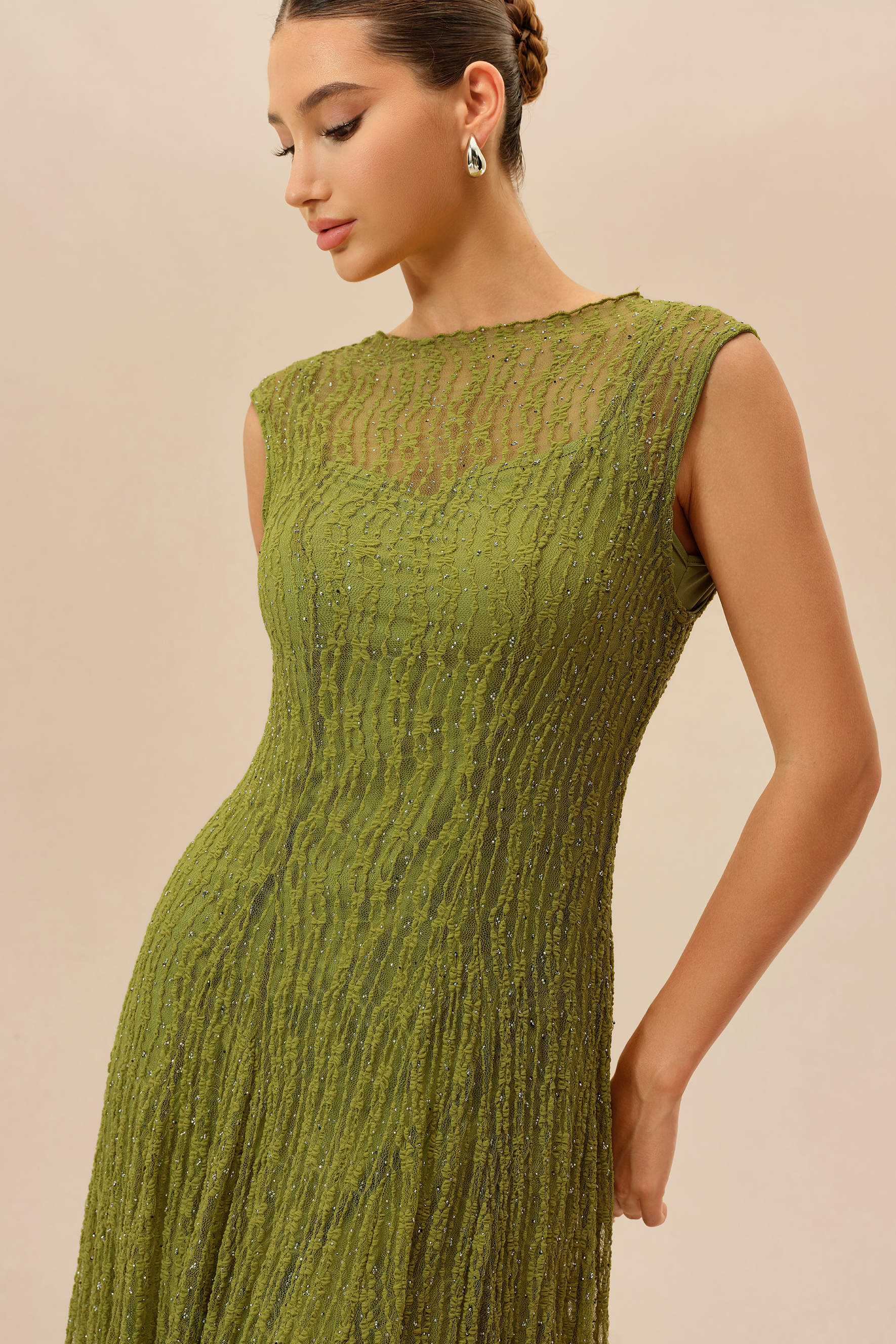 Quiet Moment Olive Rhinestone Embellished Semi-sheer Maxi Dress