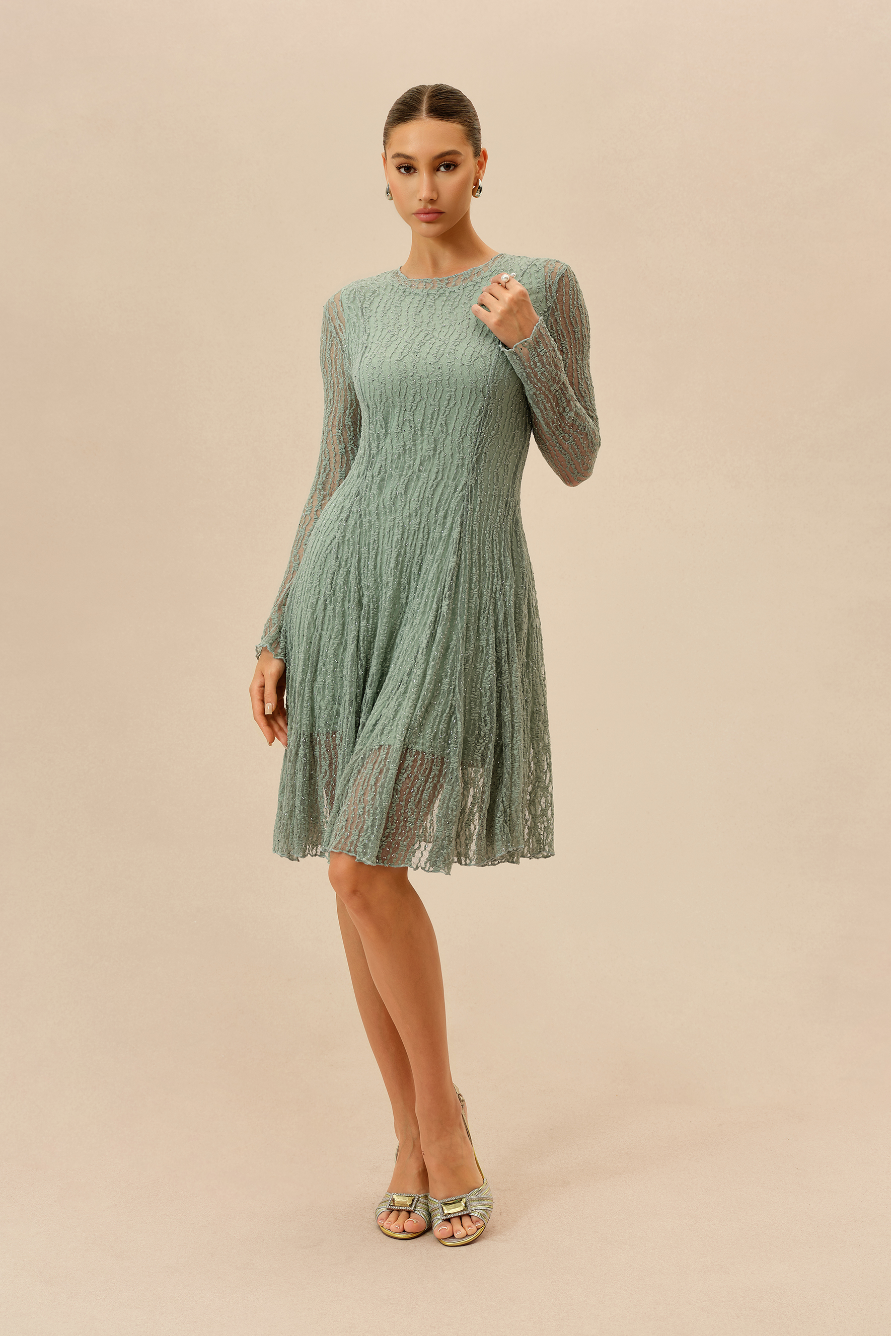 Dearly Yours Mint Rhinestone Embellished Long Sleeve Midi Dress