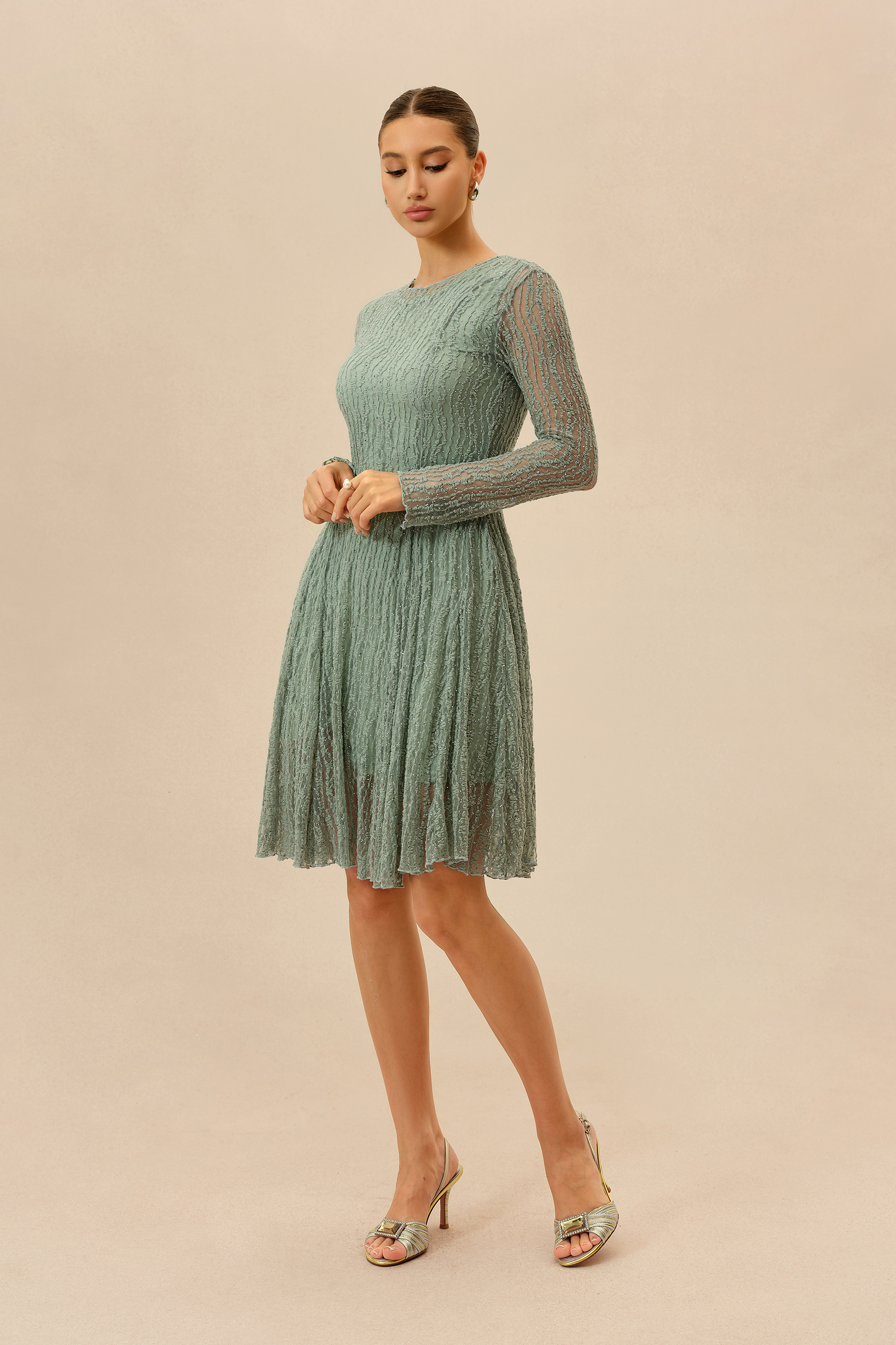 Dearly Yours Mint Rhinestone Embellished Long Sleeve Midi Dress