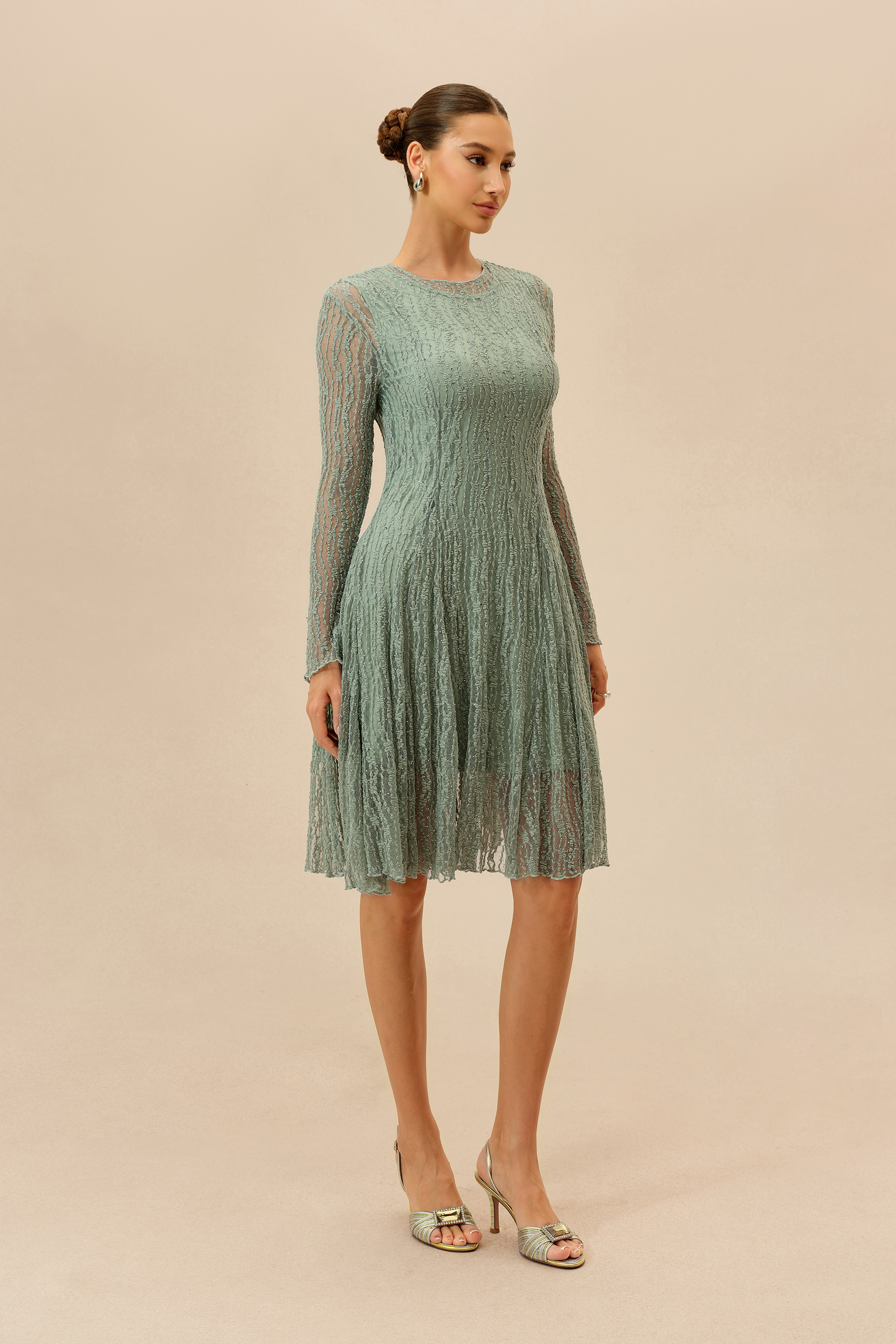 Dearly Yours Mint Rhinestone Embellished Long Sleeve Midi Dress