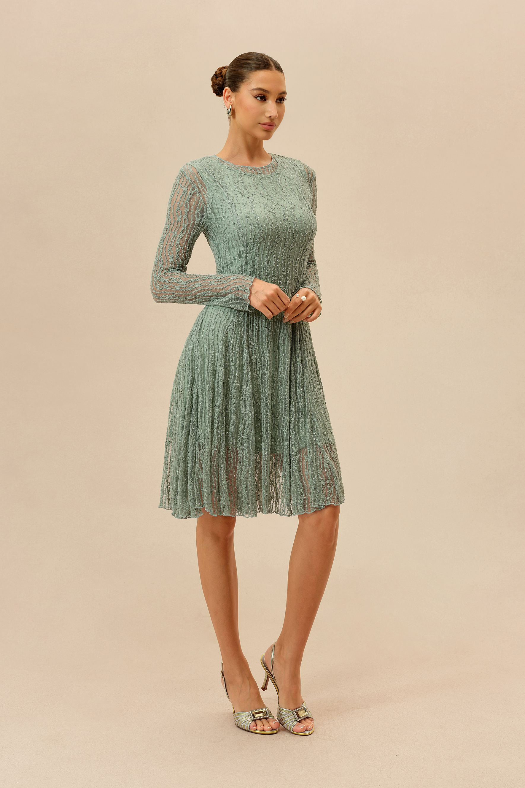 Dearly Yours Mint Rhinestone Embellished Long Sleeve Midi Dress