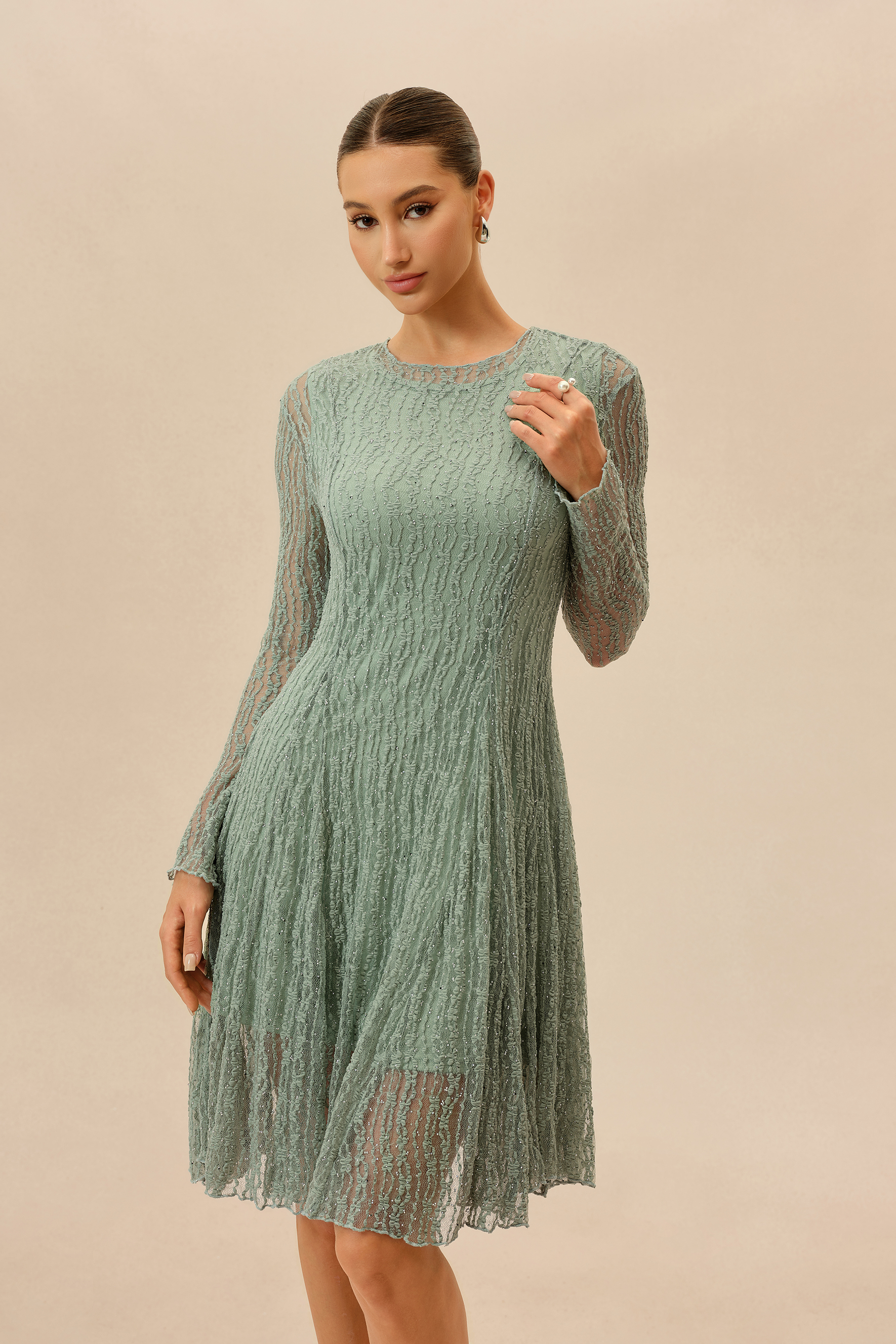 Dearly Yours Mint Rhinestone Embellished Long Sleeve Midi Dress