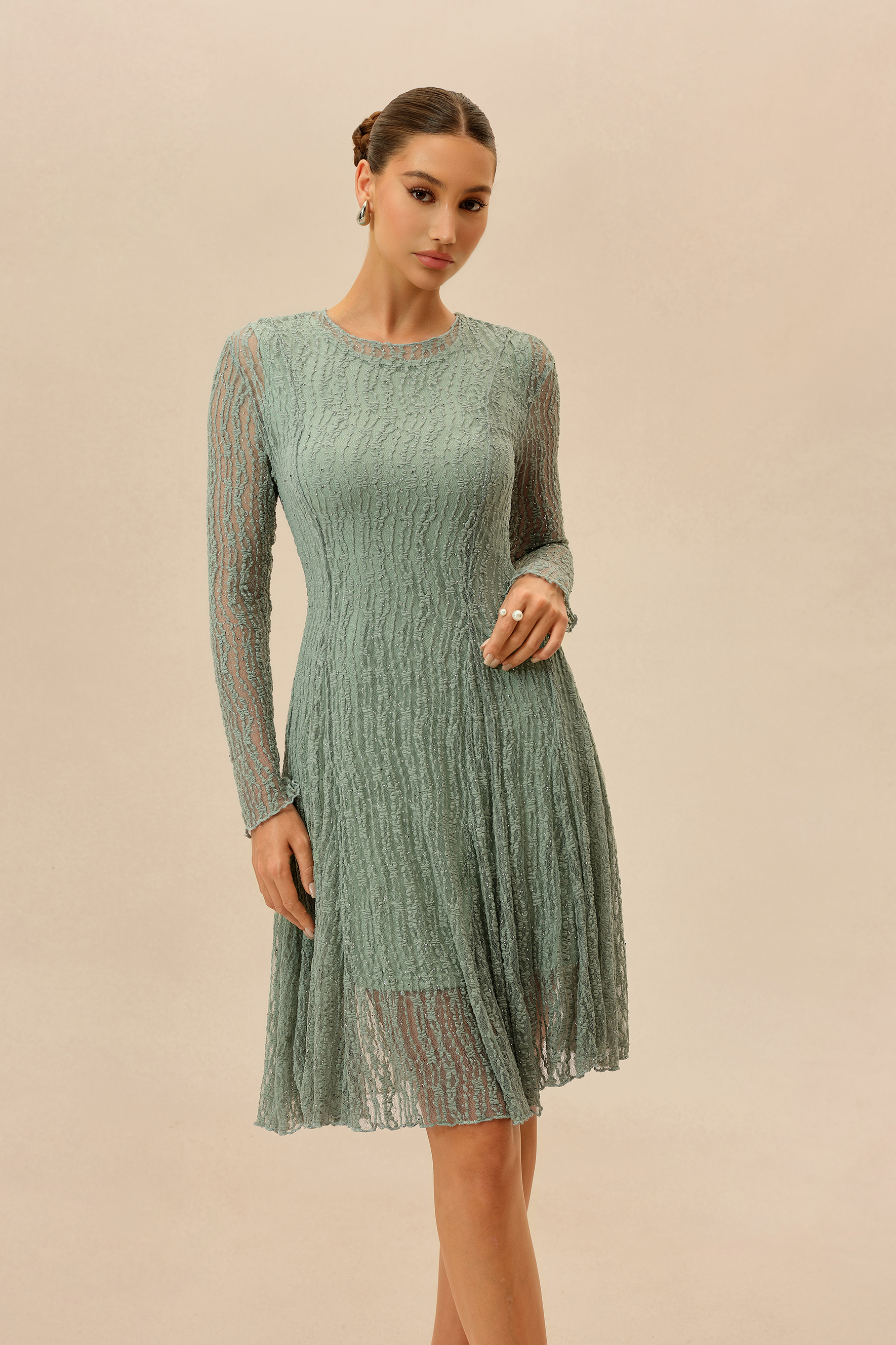 Dearly Yours Mint Rhinestone Embellished Long Sleeve Midi Dress