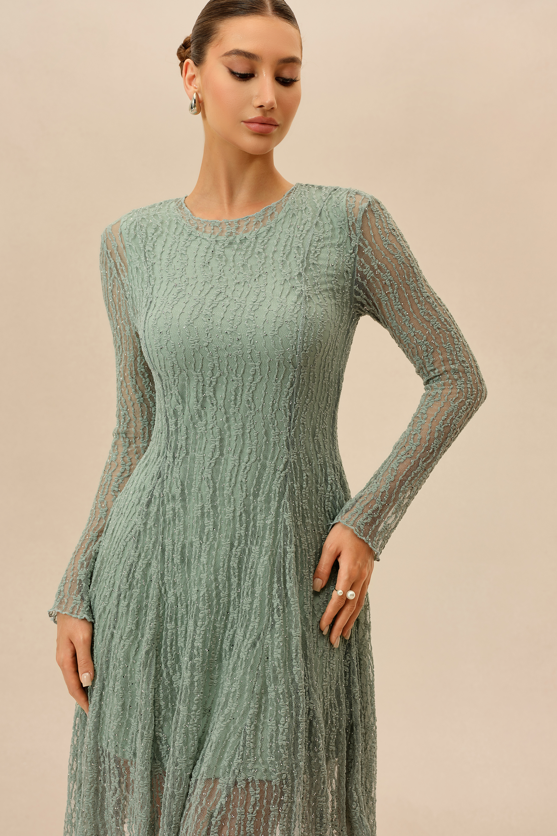 Dearly Yours Mint Rhinestone Embellished Long Sleeve Midi Dress