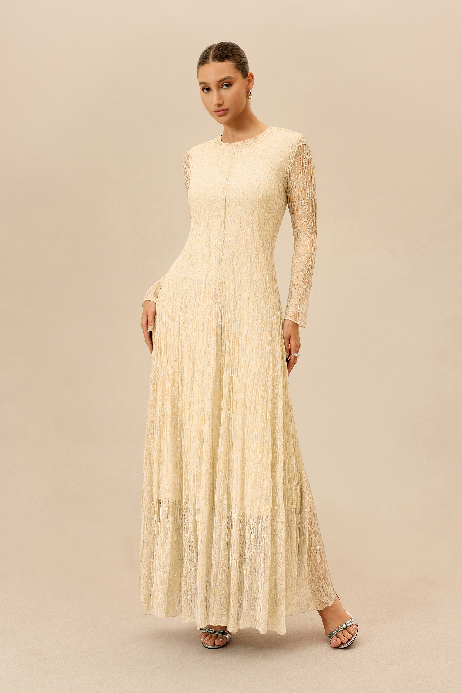 Dearly Yours Beige Rhinestone Embellished Long Sleeve Maxi Dress