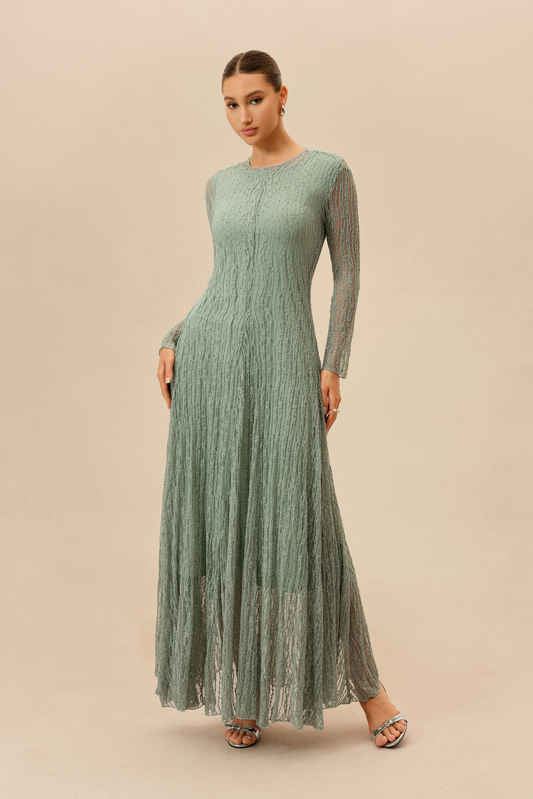 Dearly Yours Mint Rhinestone Embellished Long Sleeve Maxi Dress