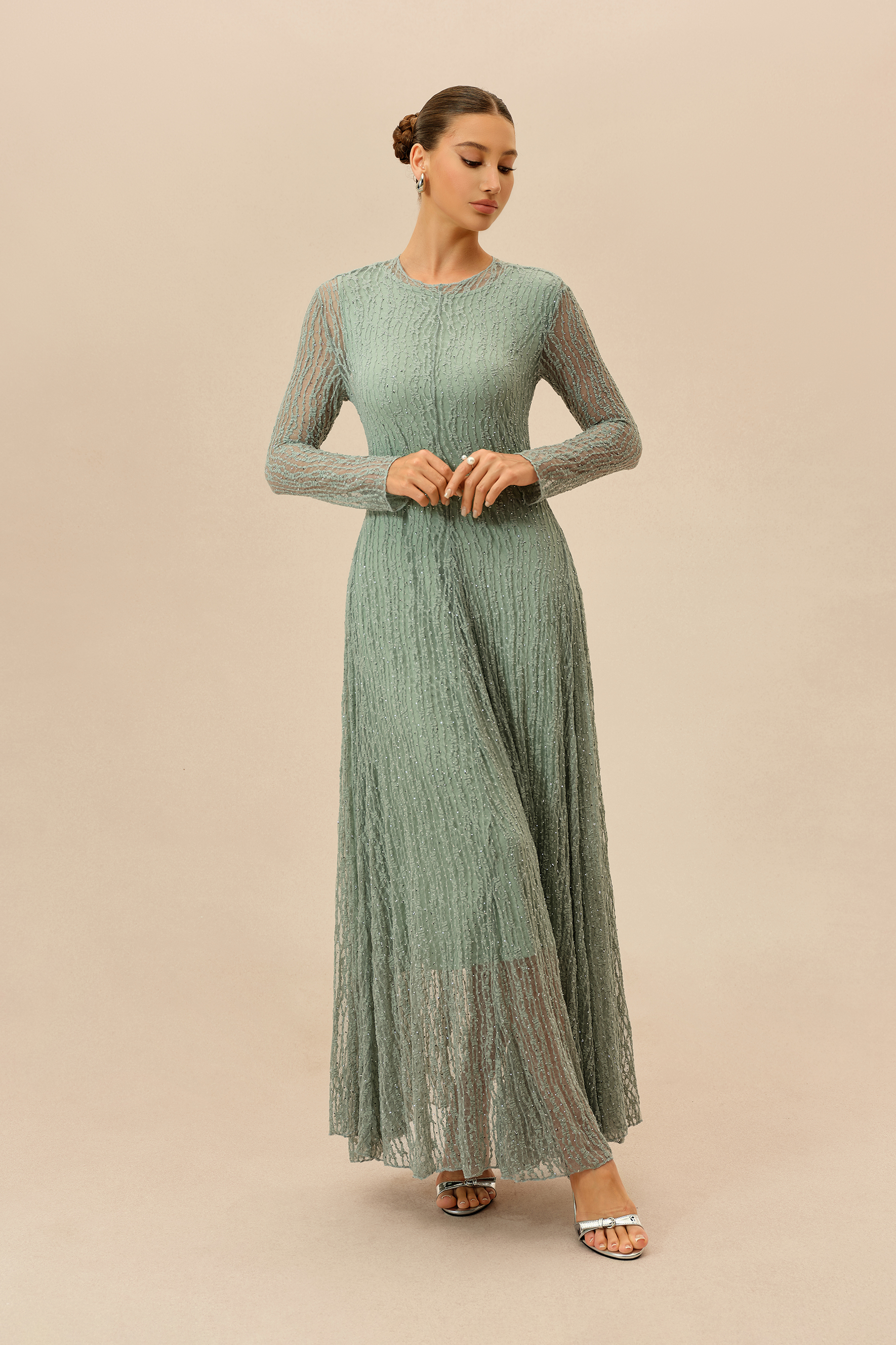 Dearly Yours Mint Rhinestone Embellished Long Sleeve Maxi Dress