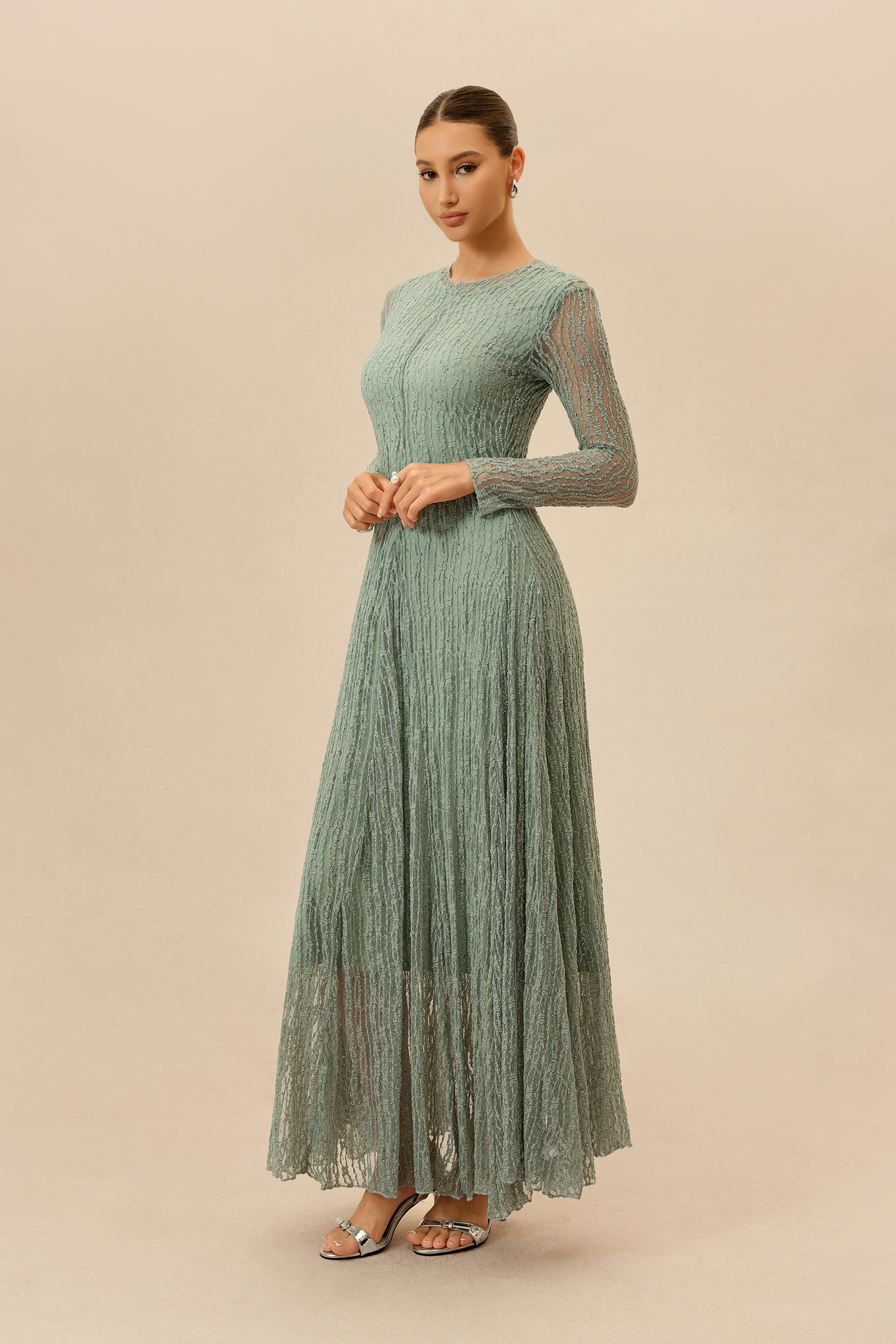 Dearly Yours Mint Rhinestone Embellished Long Sleeve Maxi Dress