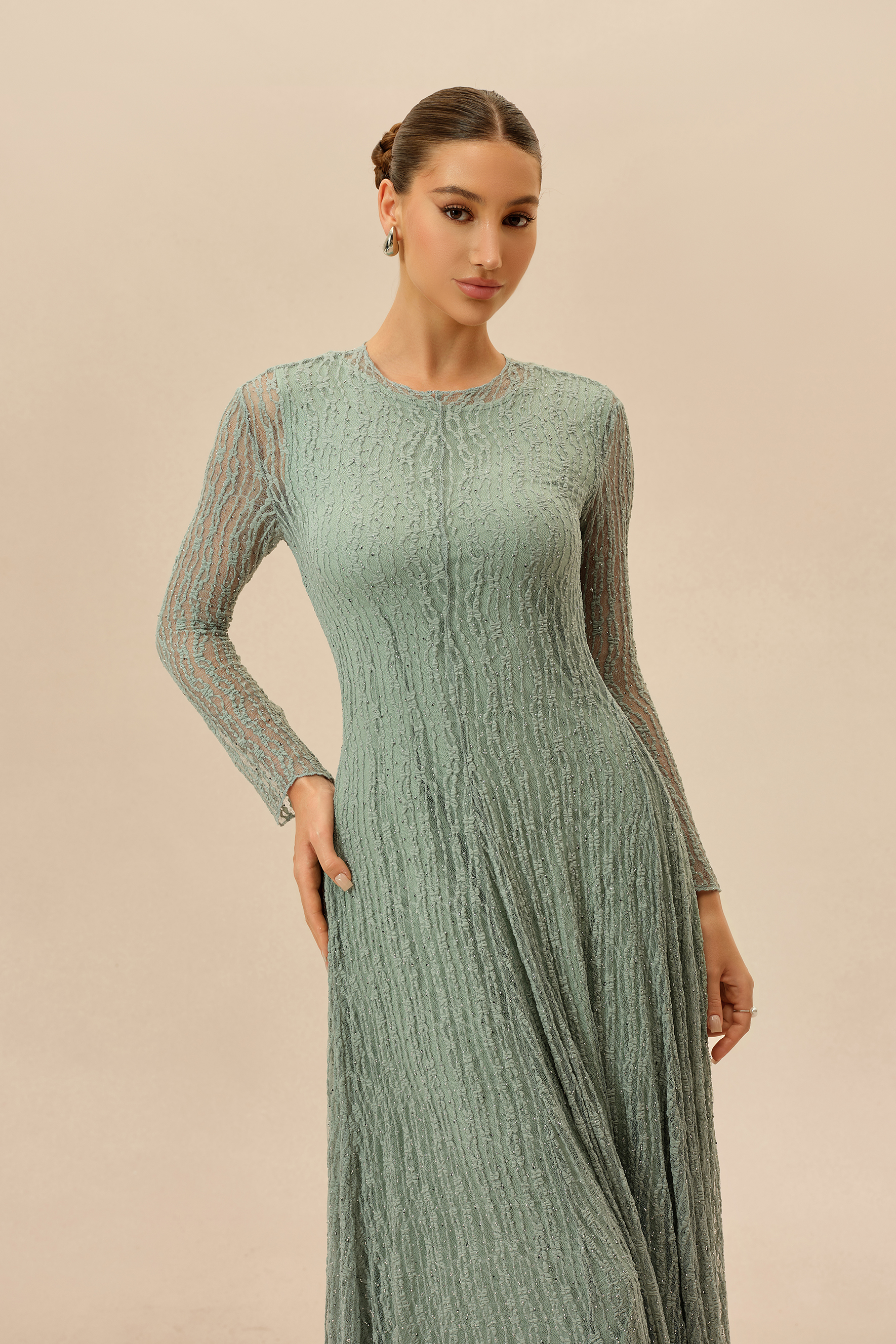 Dearly Yours Mint Rhinestone Embellished Long Sleeve Maxi Dress
