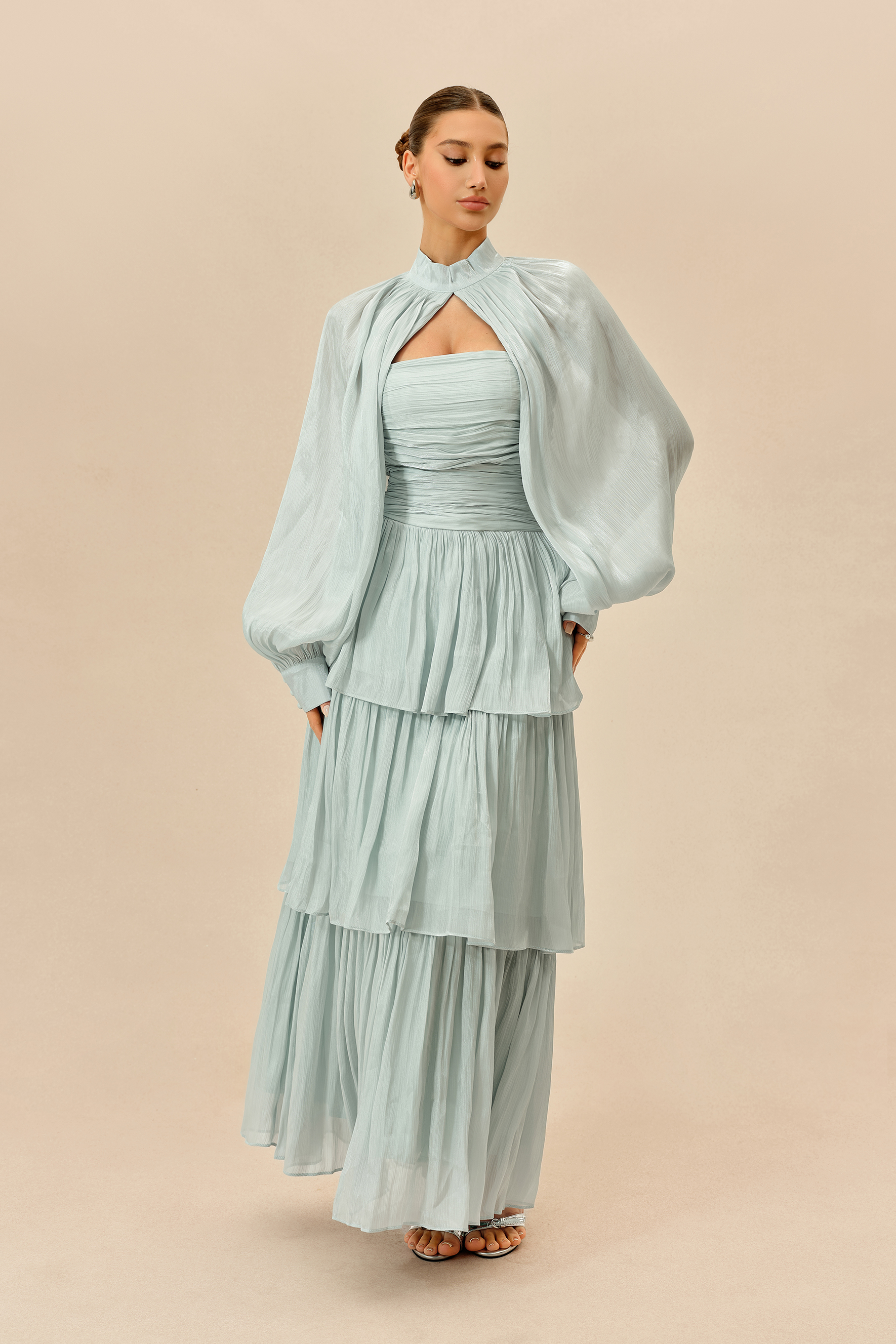 Something Lovely Light Blue Detachable Sleeve Tiered Maxi Dress