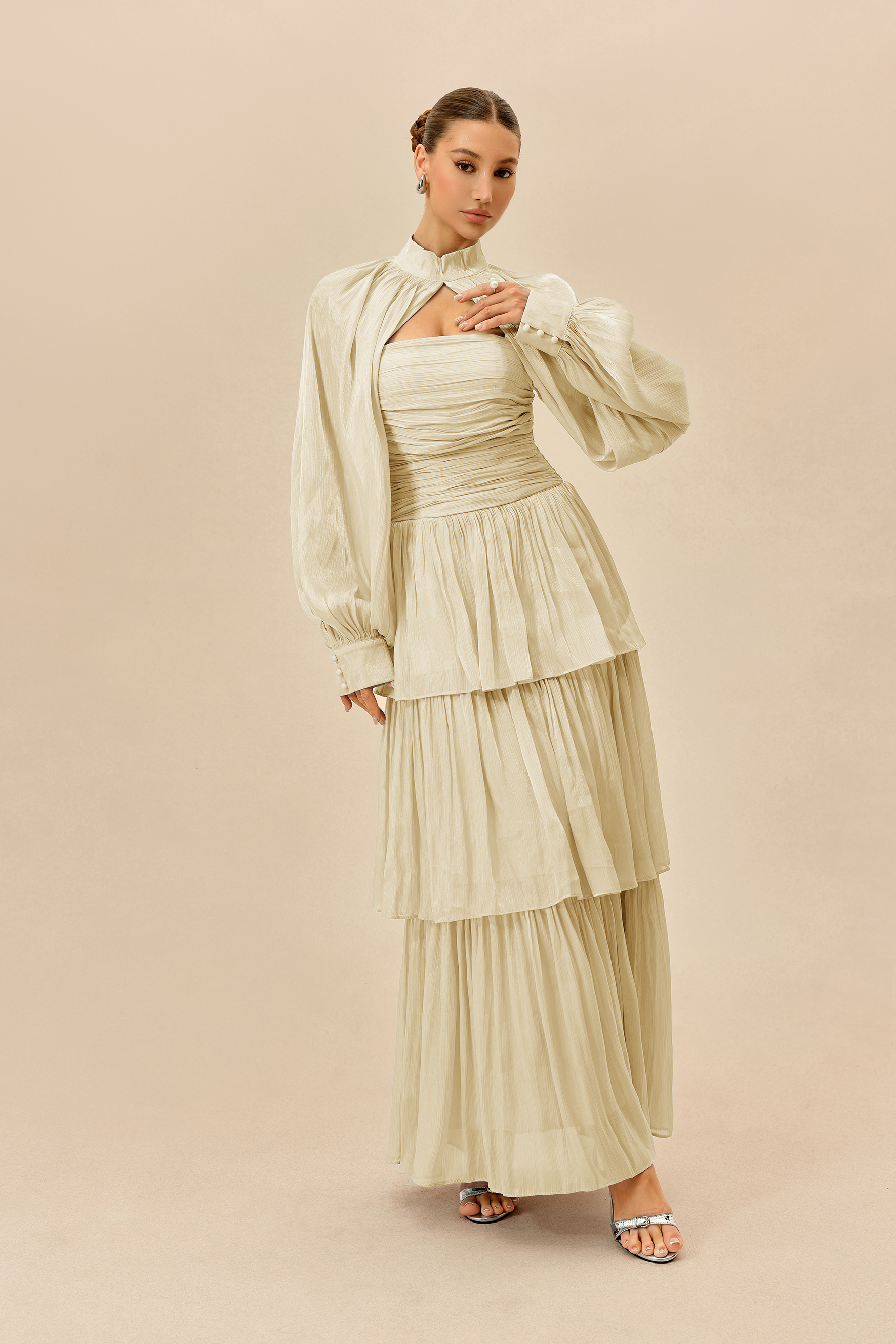 Something Lovely Beige Detachable Sleeve Tiered Maxi Dress