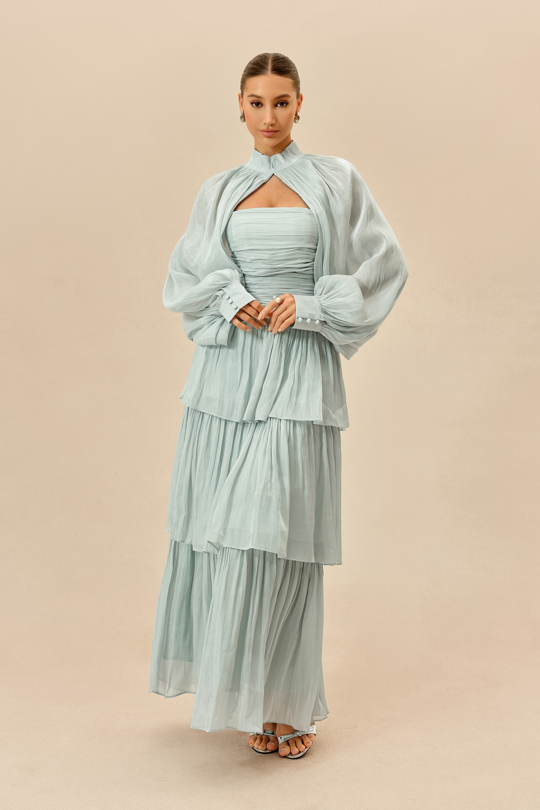 Something Lovely Light Blue Detachable Sleeve Tiered Maxi Dress