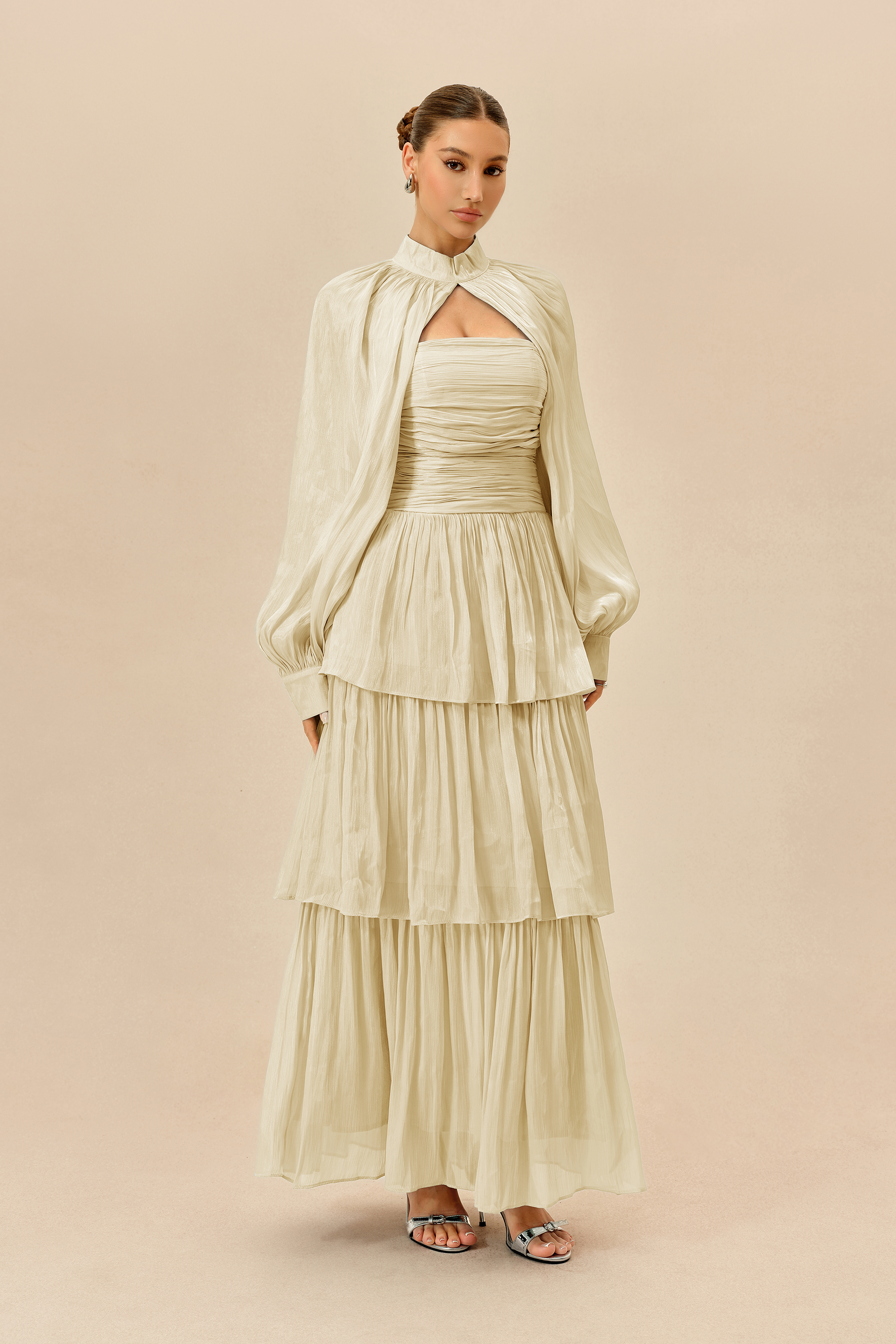 Something Lovely Beige Detachable Sleeve Tiered Maxi Dress