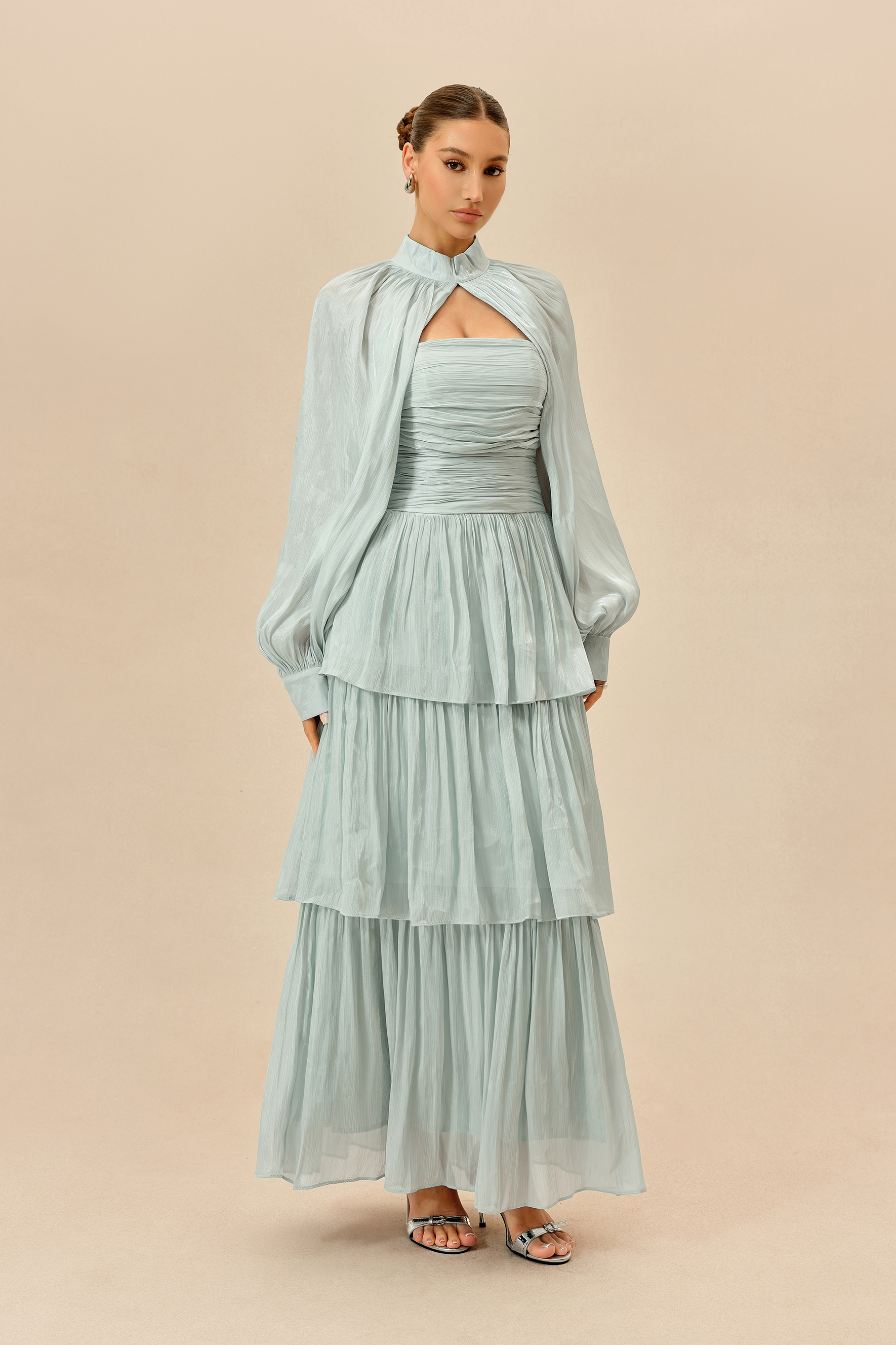 Something Lovely Light Blue Detachable Sleeve Tiered Maxi Dress