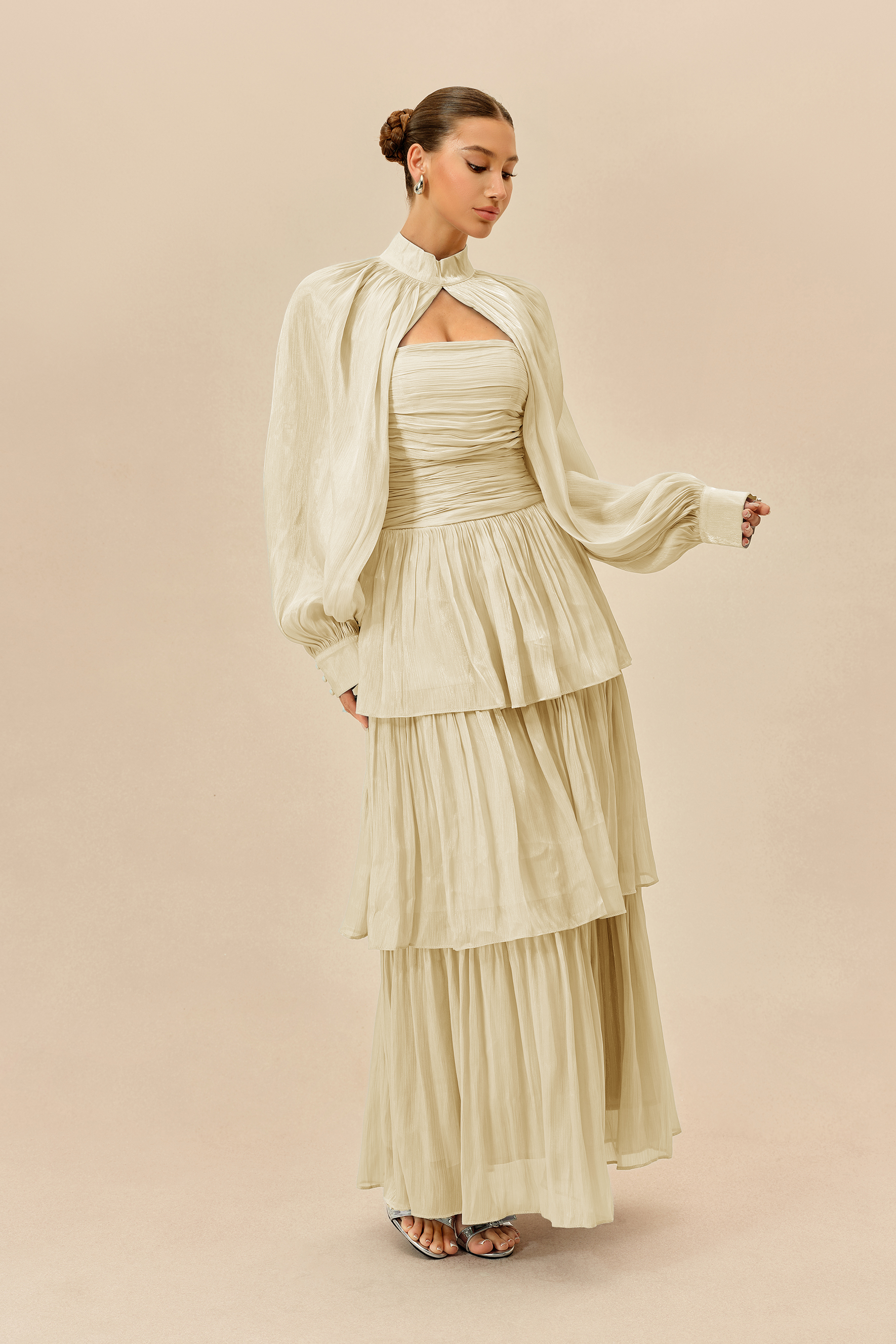 Something Lovely Beige Detachable Sleeve Tiered Maxi Dress