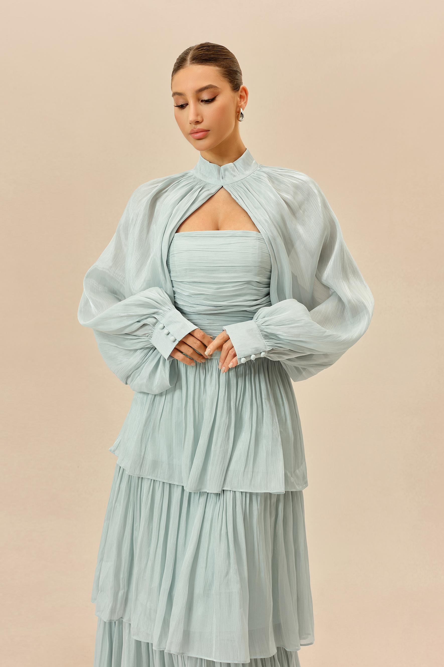 Something Lovely Light Blue Detachable Sleeve Tiered Maxi Dress
