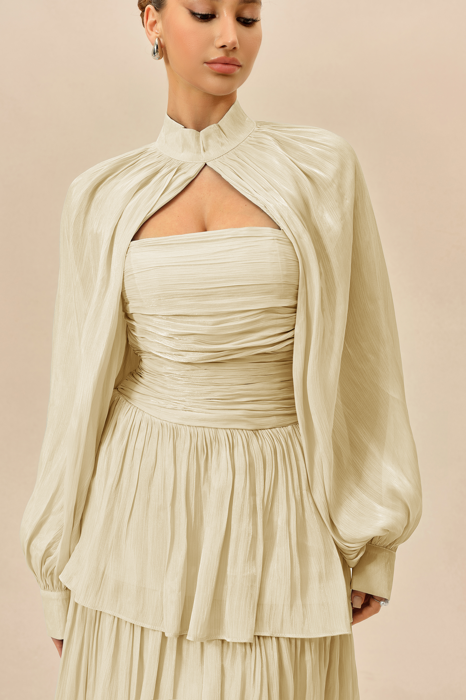 Something Lovely Beige Detachable Sleeve Tiered Maxi Dress