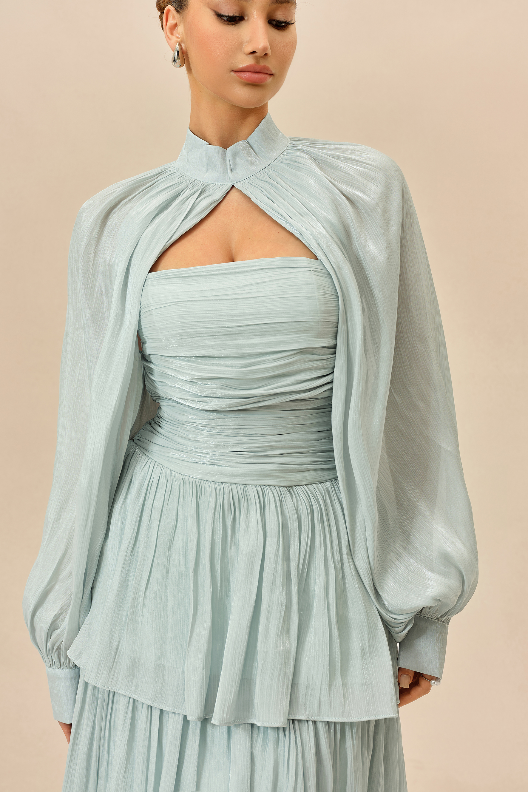 Something Lovely Light Blue Detachable Sleeve Tiered Maxi Dress