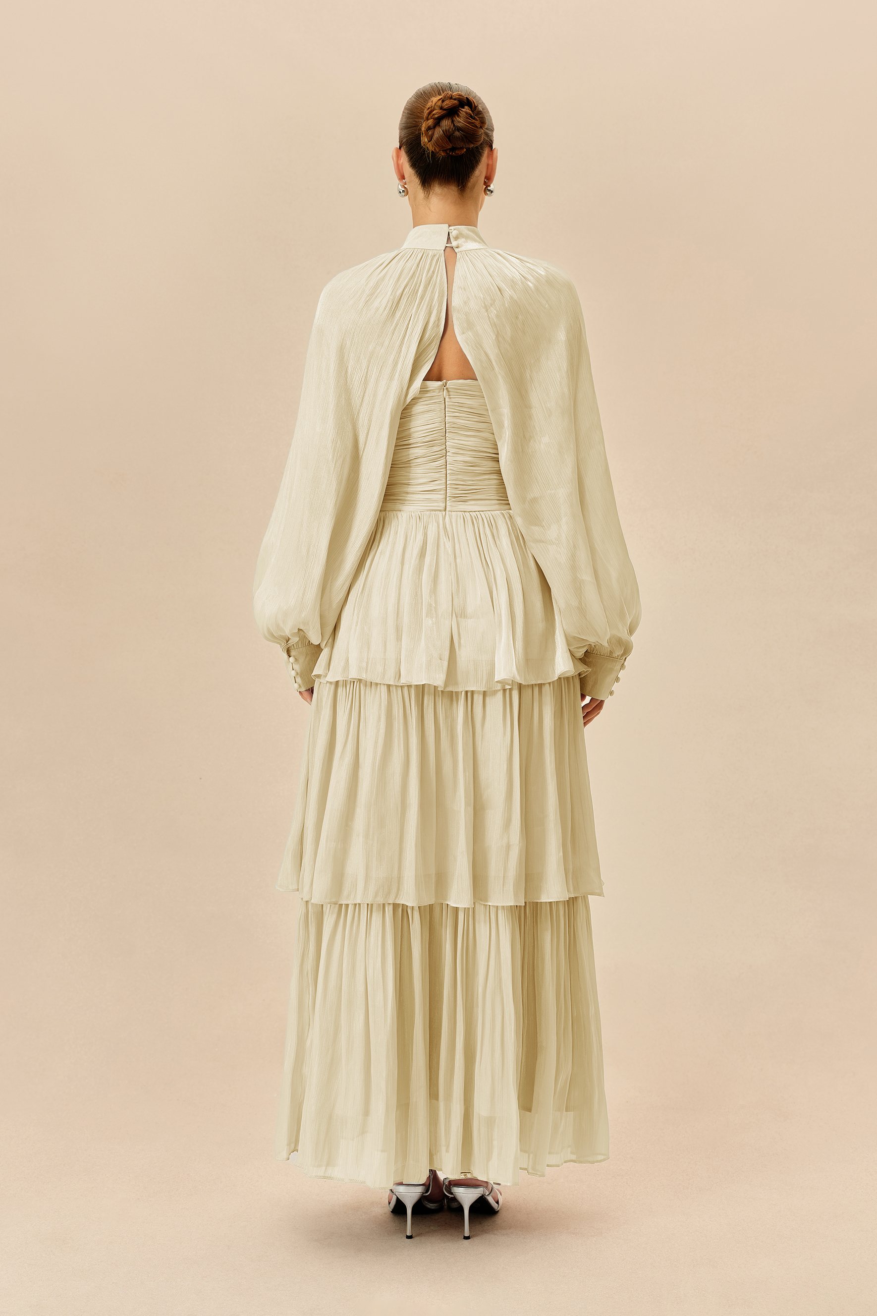 Something Lovely Beige Detachable Sleeve Tiered Maxi Dress