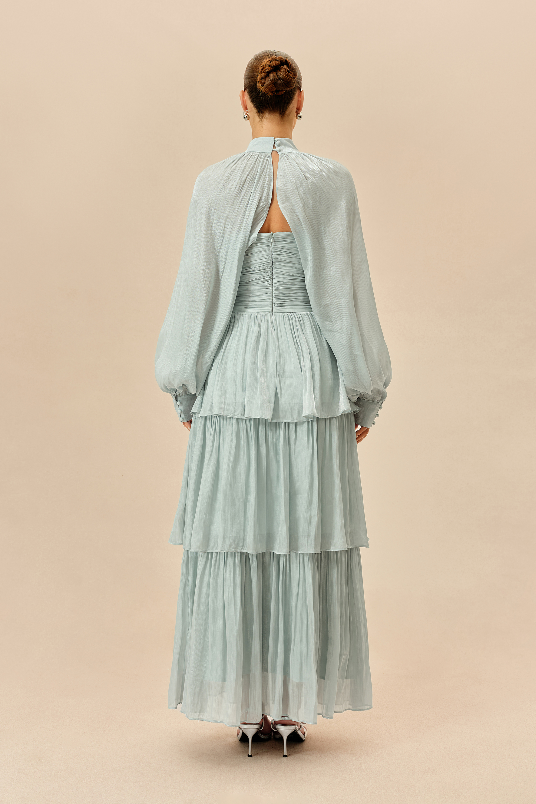 Something Lovely Light Blue Detachable Sleeve Tiered Maxi Dress