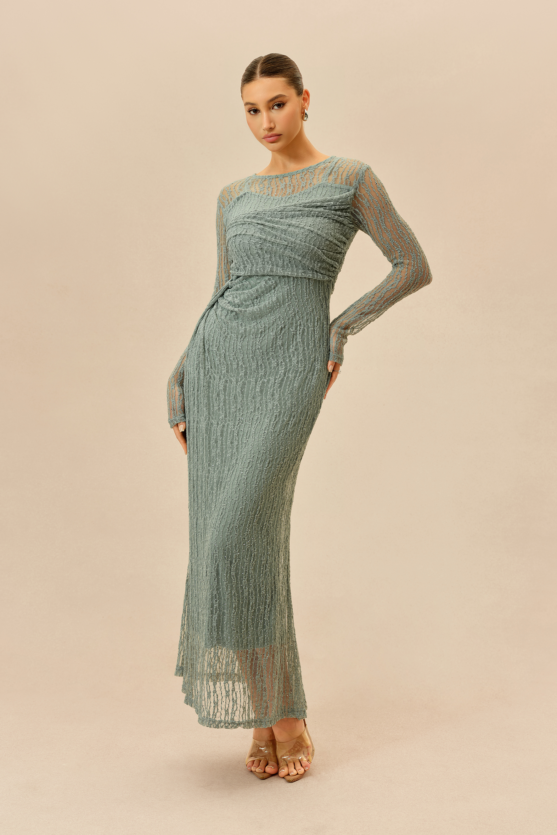 Under The Lights Mint Rhinestone Embellished Sheer Sleeve Maxi Dress