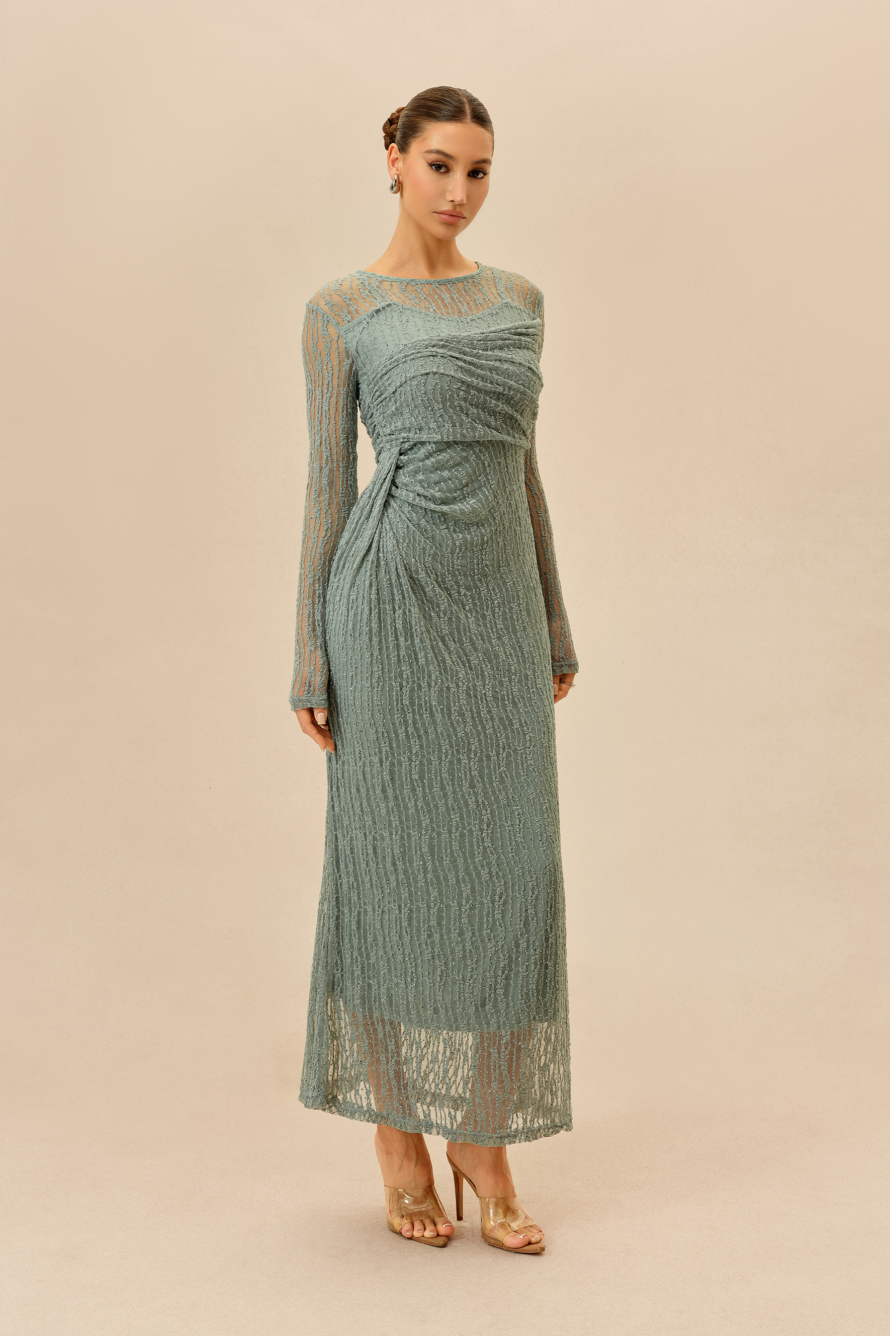 Under The Lights Mint Rhinestone Embellished Sheer Sleeve Maxi Dress
