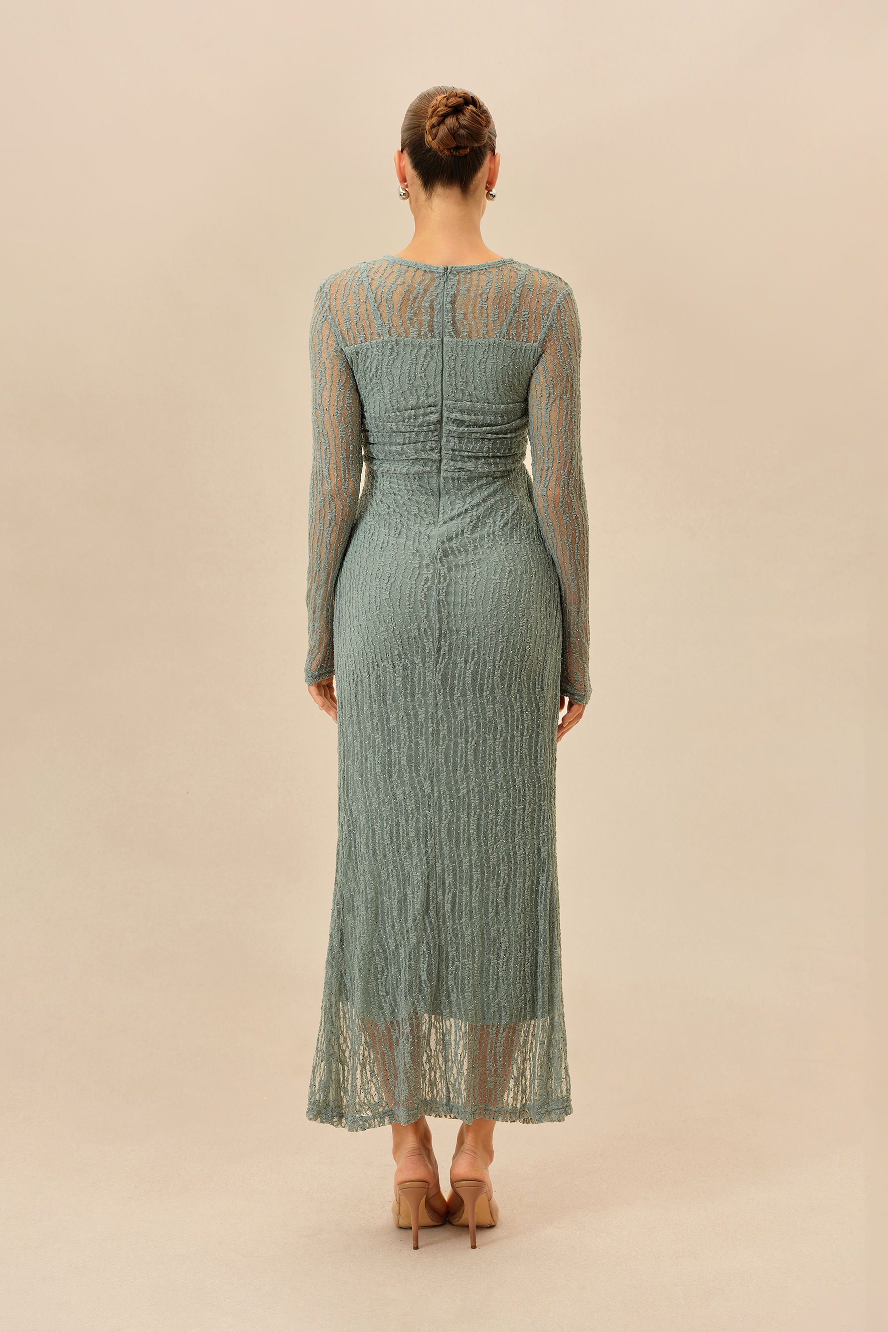 Under The Lights Mint Rhinestone Embellished Sheer Sleeve Maxi Dress