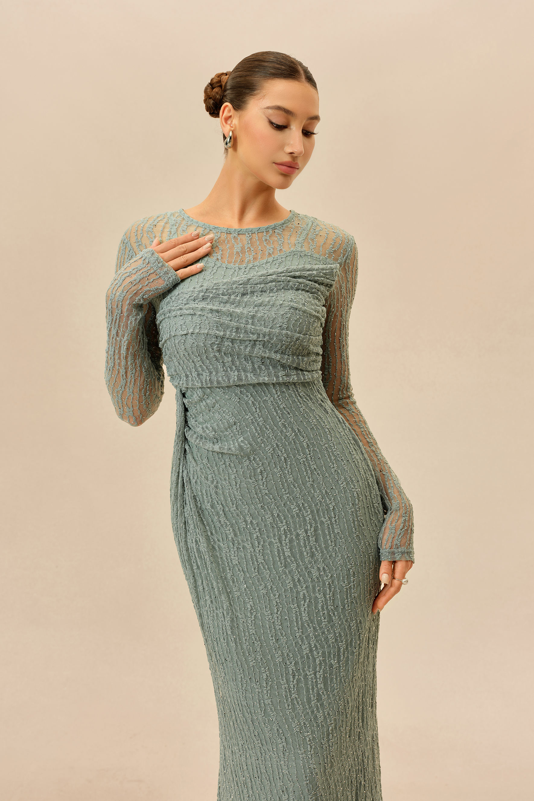 Under The Lights Mint Rhinestone Embellished Sheer Sleeve Maxi Dress