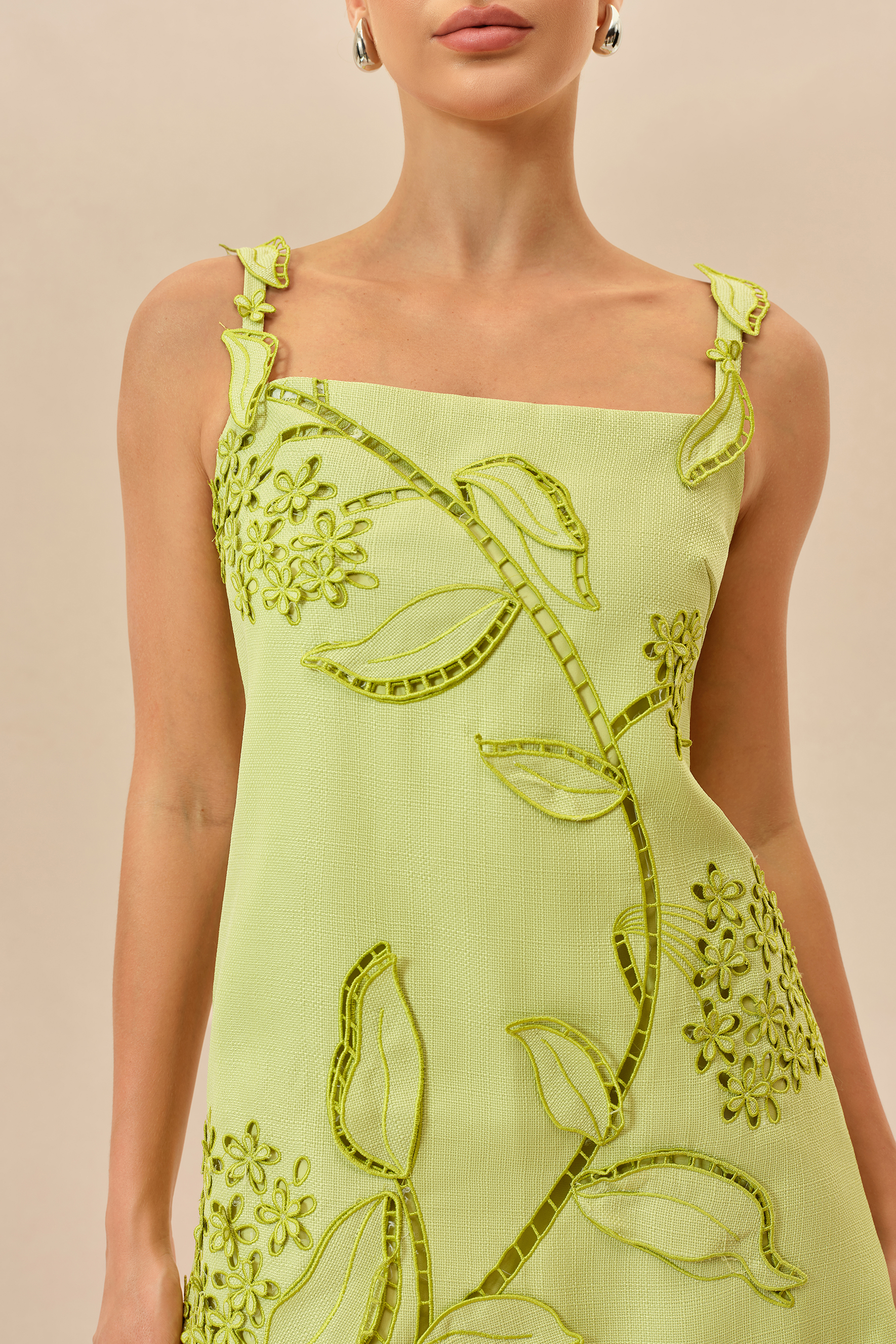 Feeling Fresh Light Green Floral Embroidered Sleeveless Mini Dress