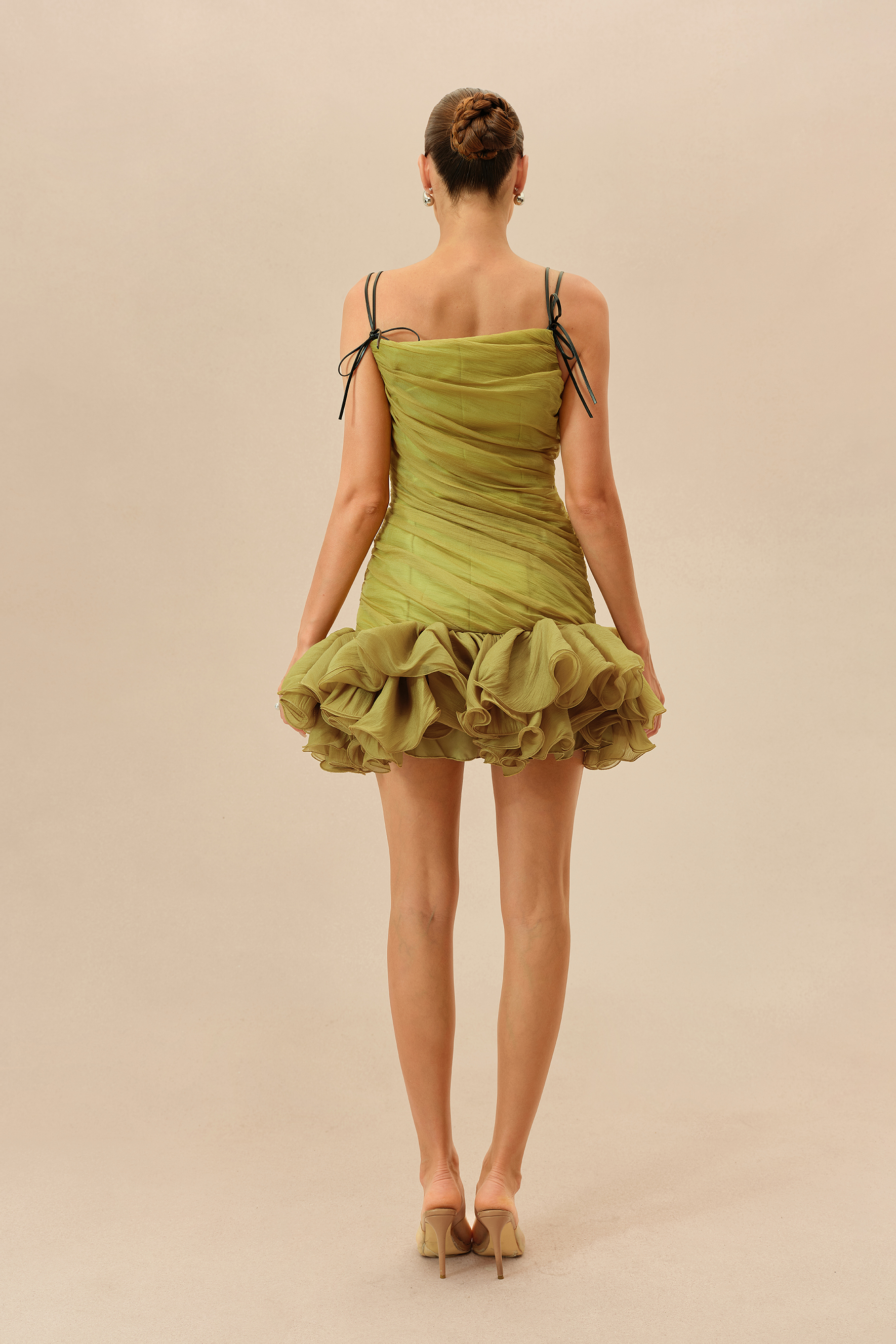 Late Summer Olive Ruched Bodice Ruffled Hem Mini Dress