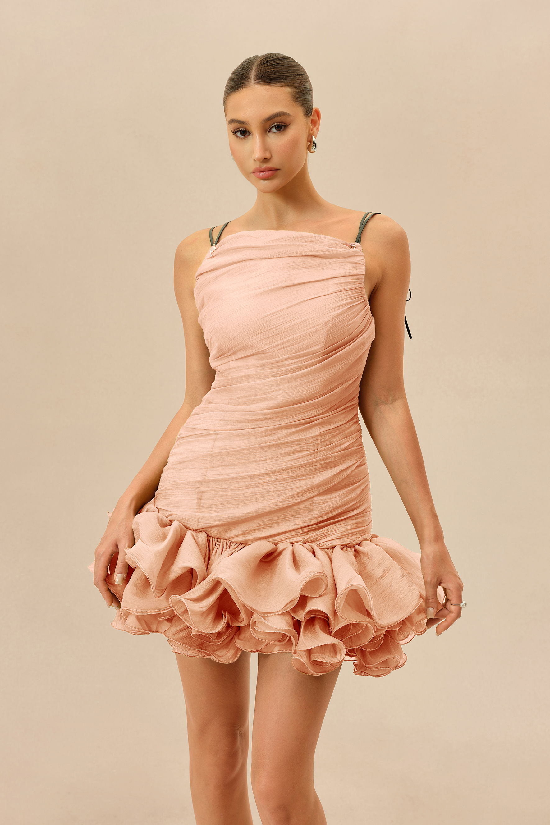 Late Summer Pink Ruched Bodice Ruffled Hem Mini Dress