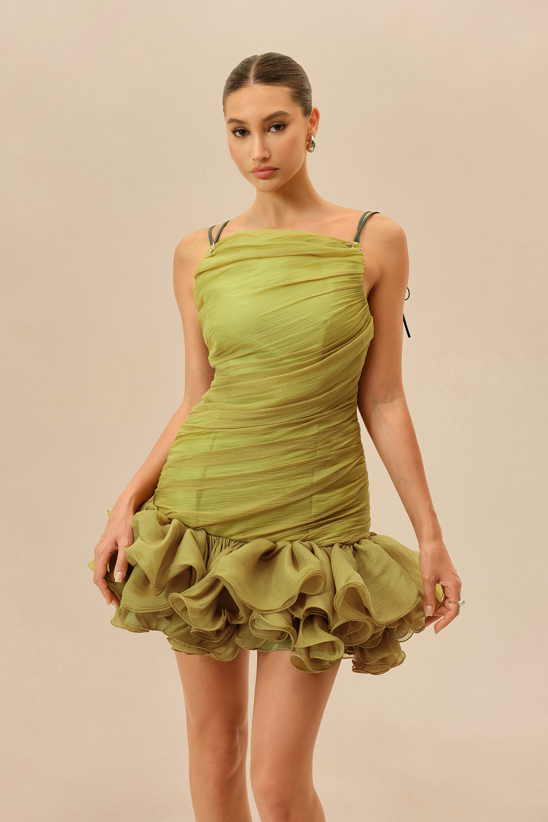 Late Summer Olive Ruched Bodice Ruffled Hem Mini Dress