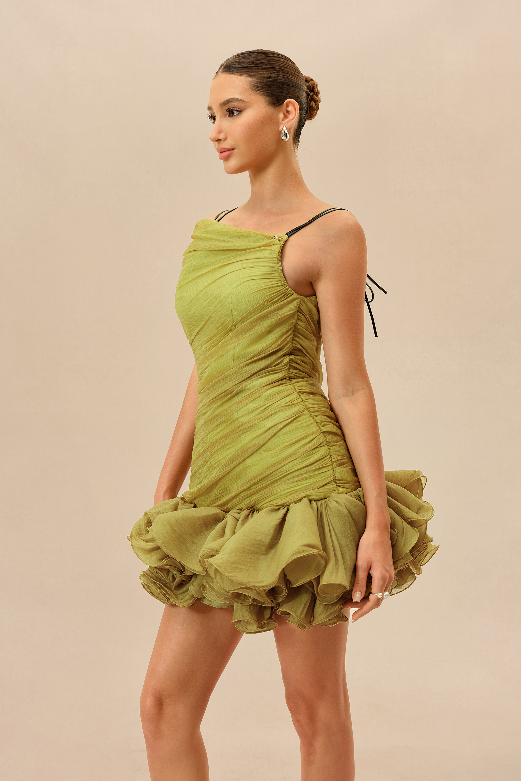 Late Summer Olive Ruched Bodice Ruffled Hem Mini Dress