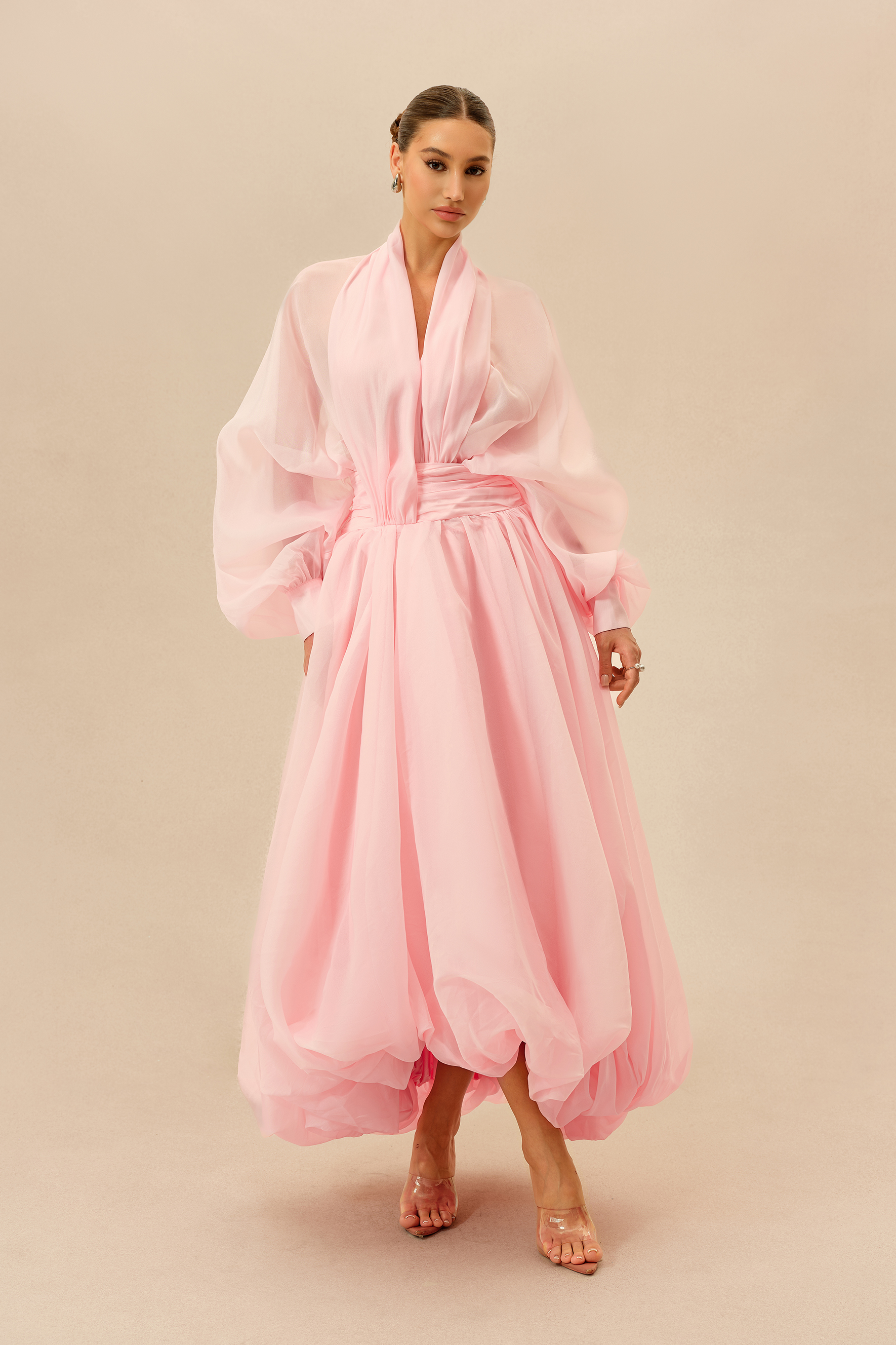 Elegant Moment Pink Deep V-neck Puff Sleeve Maxi Dress