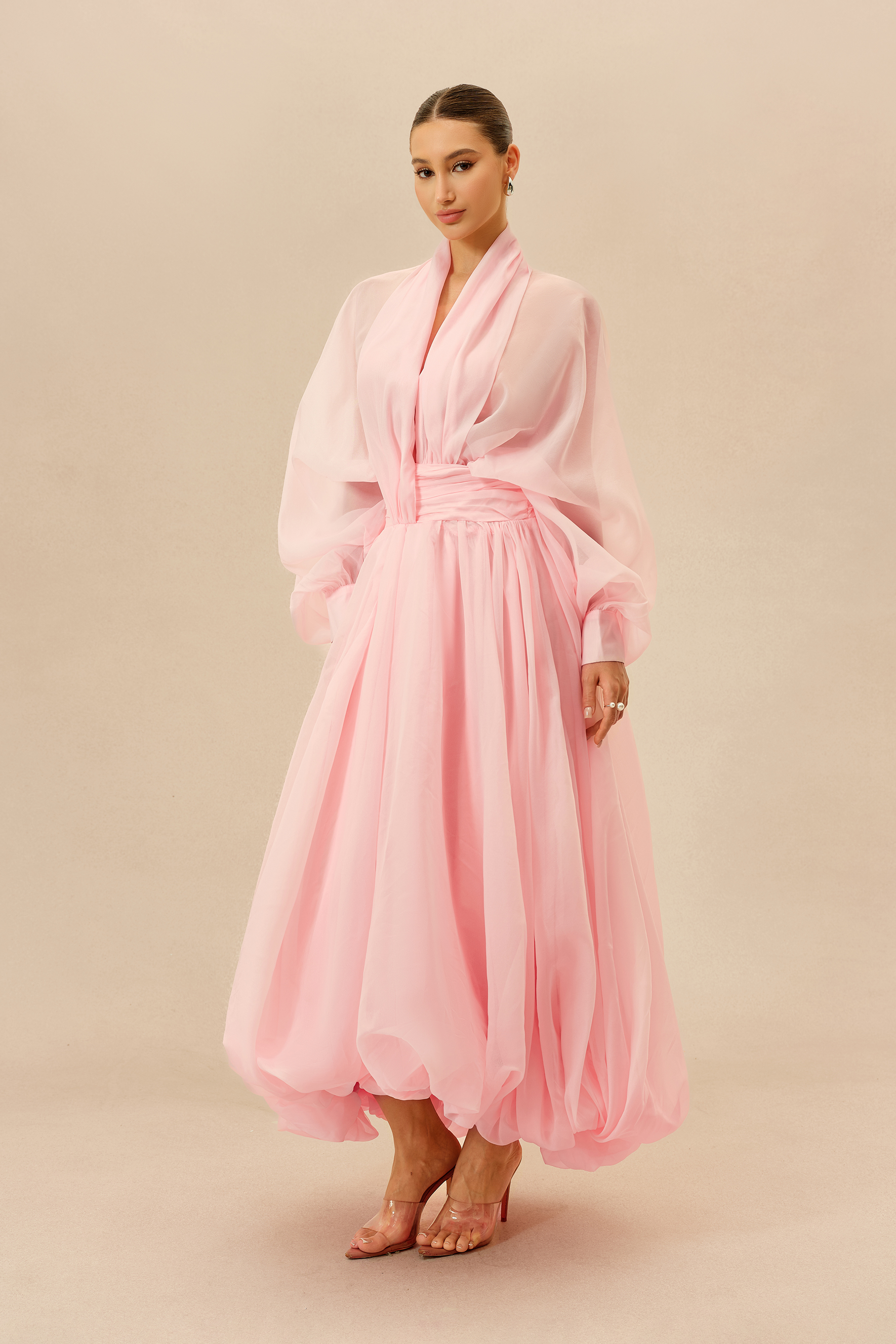 Elegant Moment Pink Deep V-neck Puff Sleeve Maxi Dress