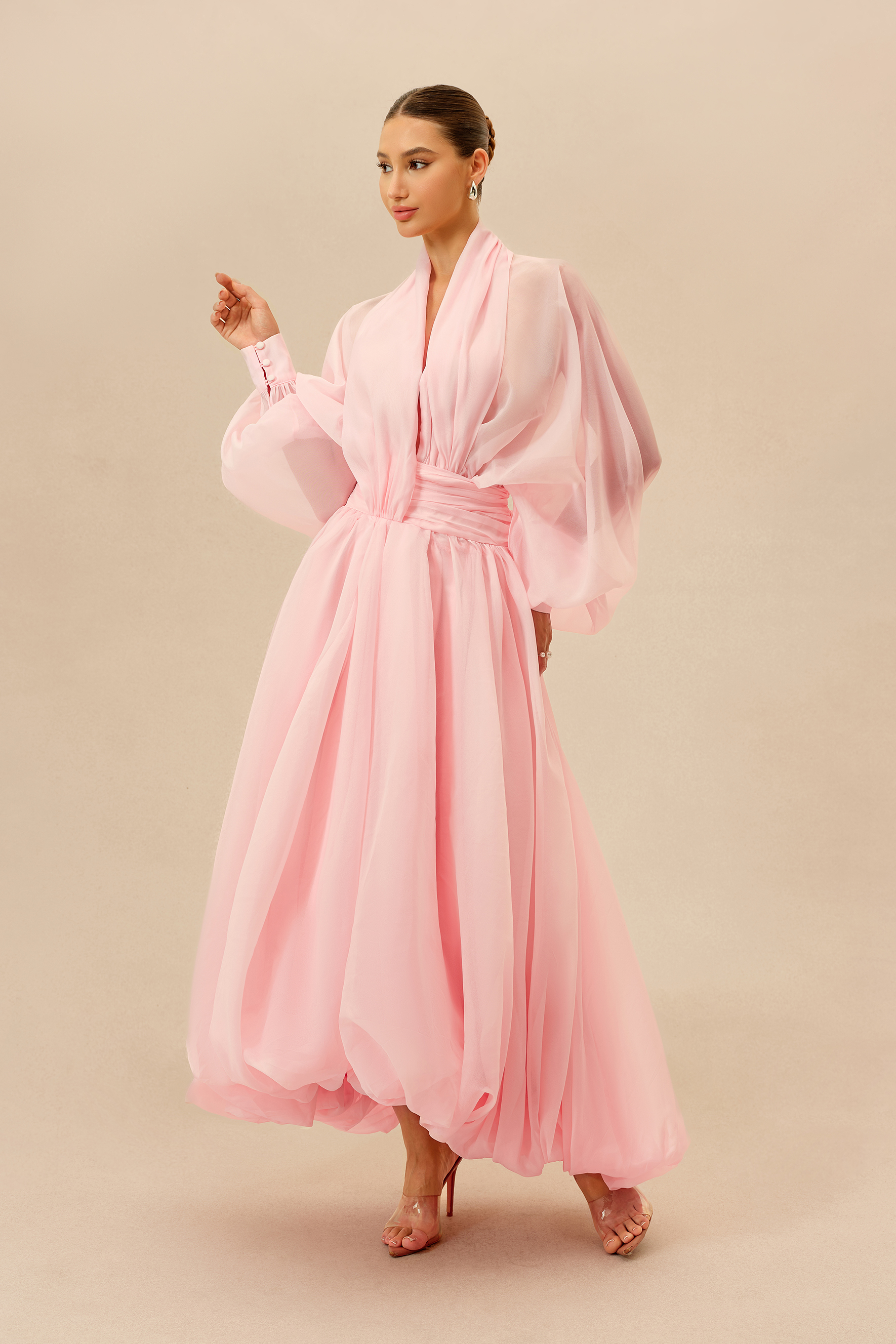 Elegant Moment Pink Deep V-neck Puff Sleeve Maxi Dress