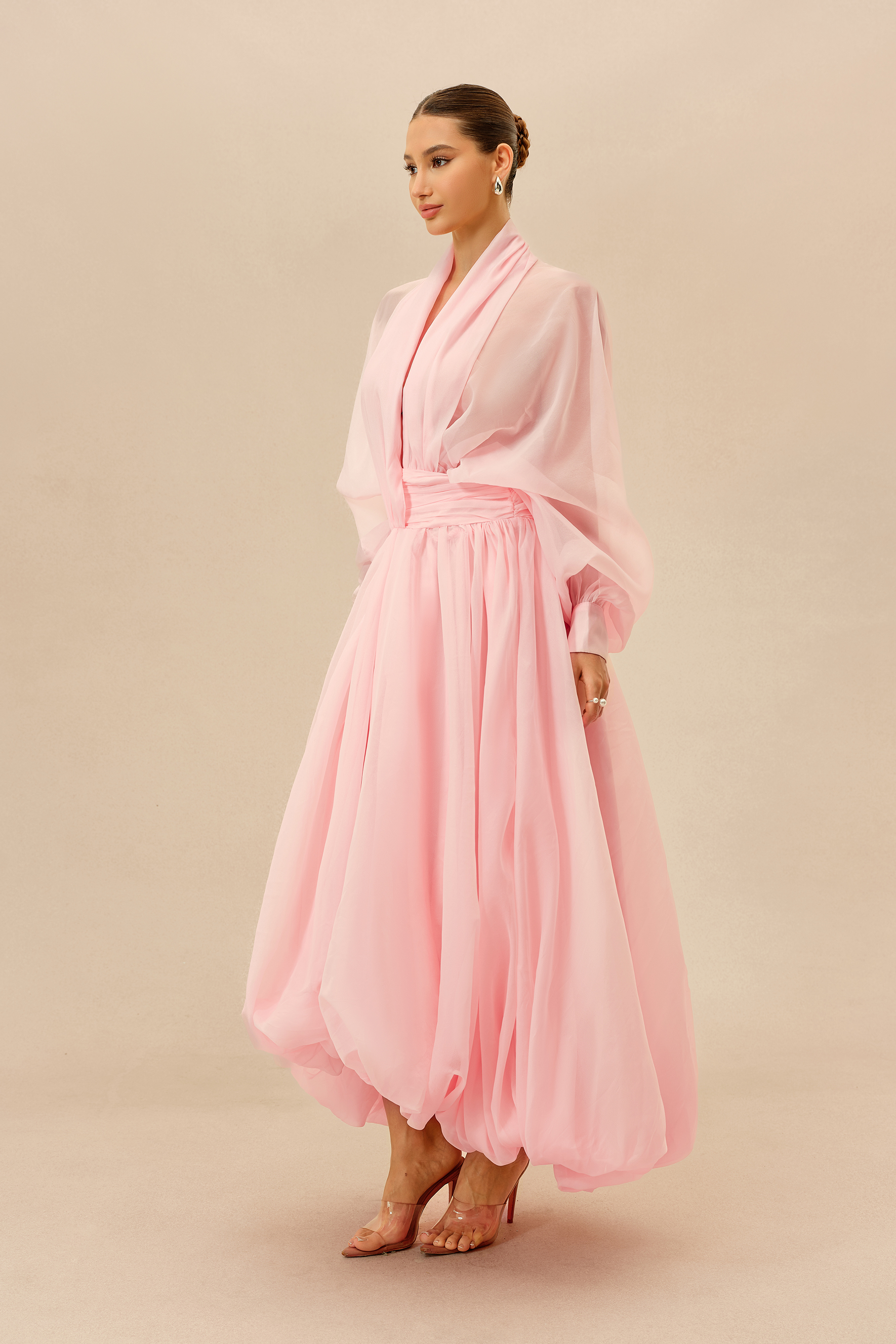 Elegant Moment Pink Deep V-neck Puff Sleeve Maxi Dress