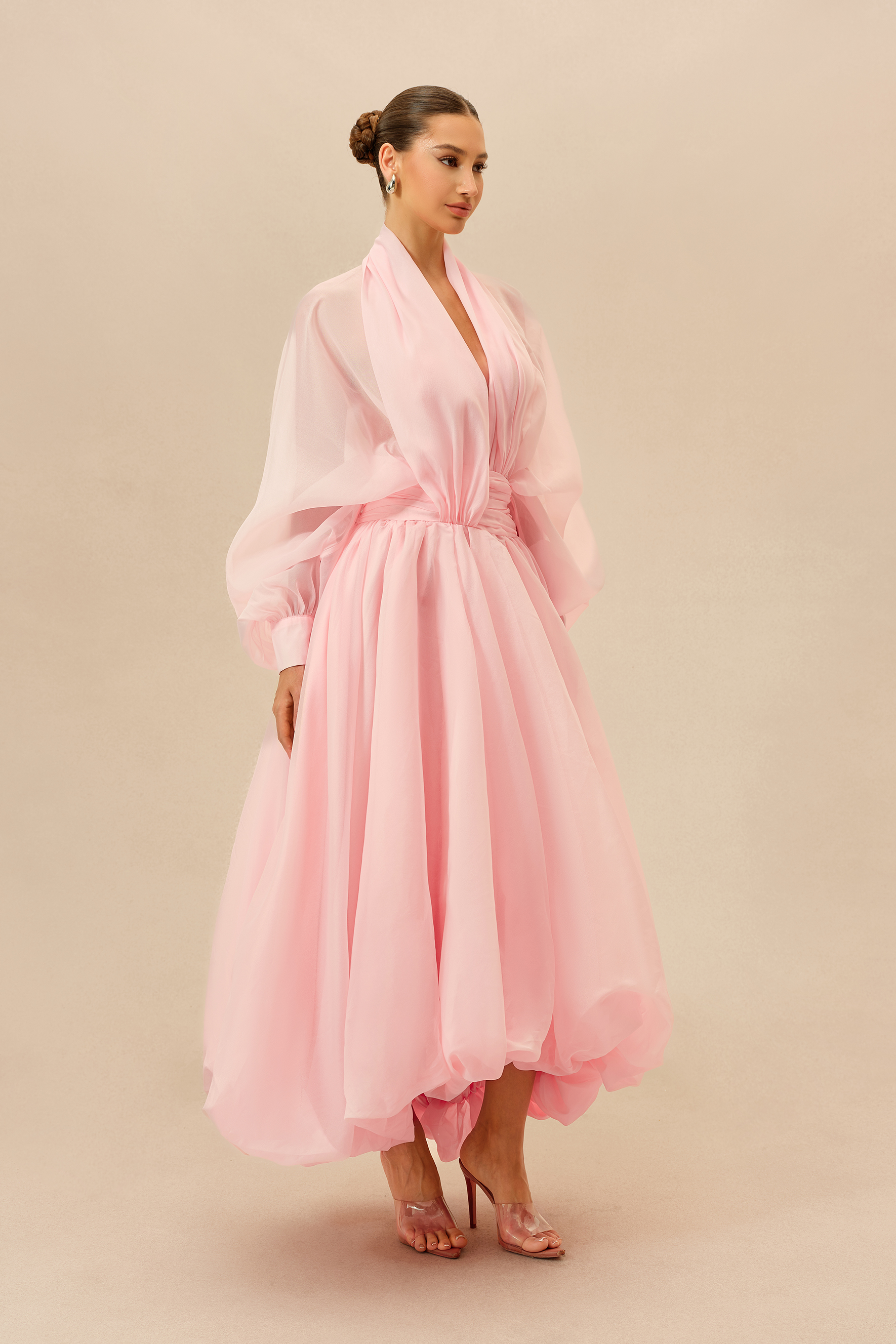 Elegant Moment Pink Deep V-neck Puff Sleeve Maxi Dress