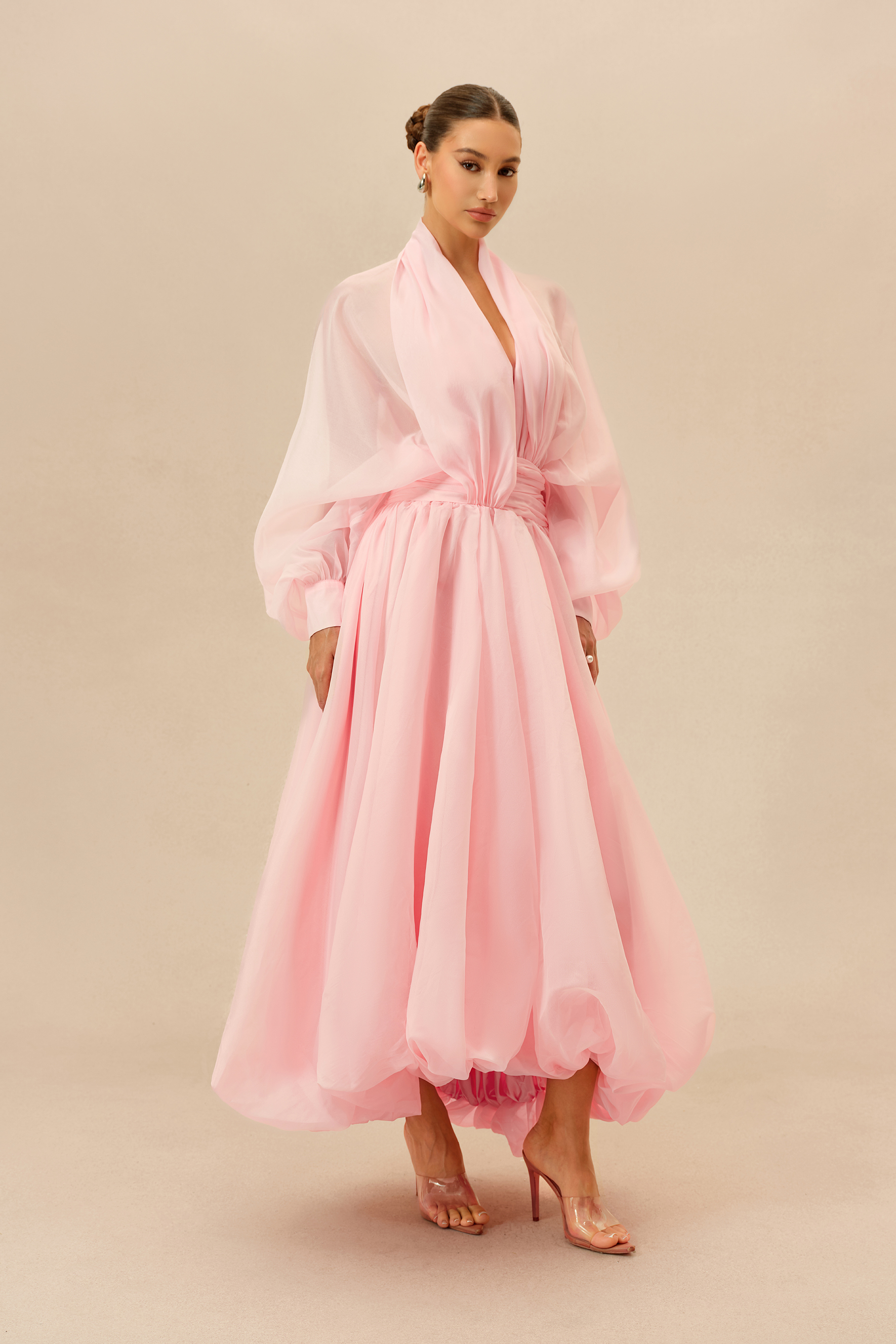 Elegant Moment Pink Deep V-neck Puff Sleeve Maxi Dress