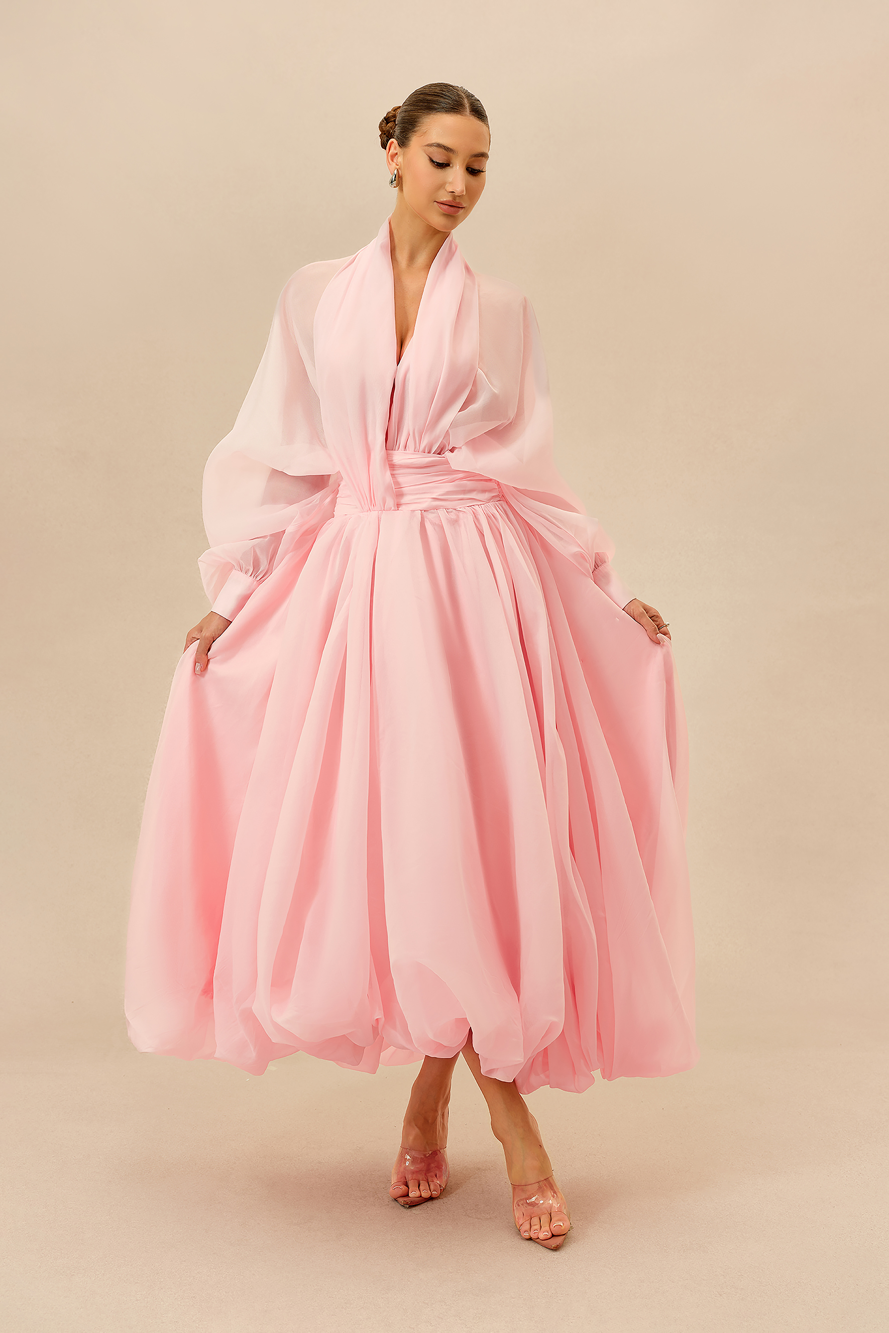 Elegant Moment Pink Deep V-neck Puff Sleeve Maxi Dress