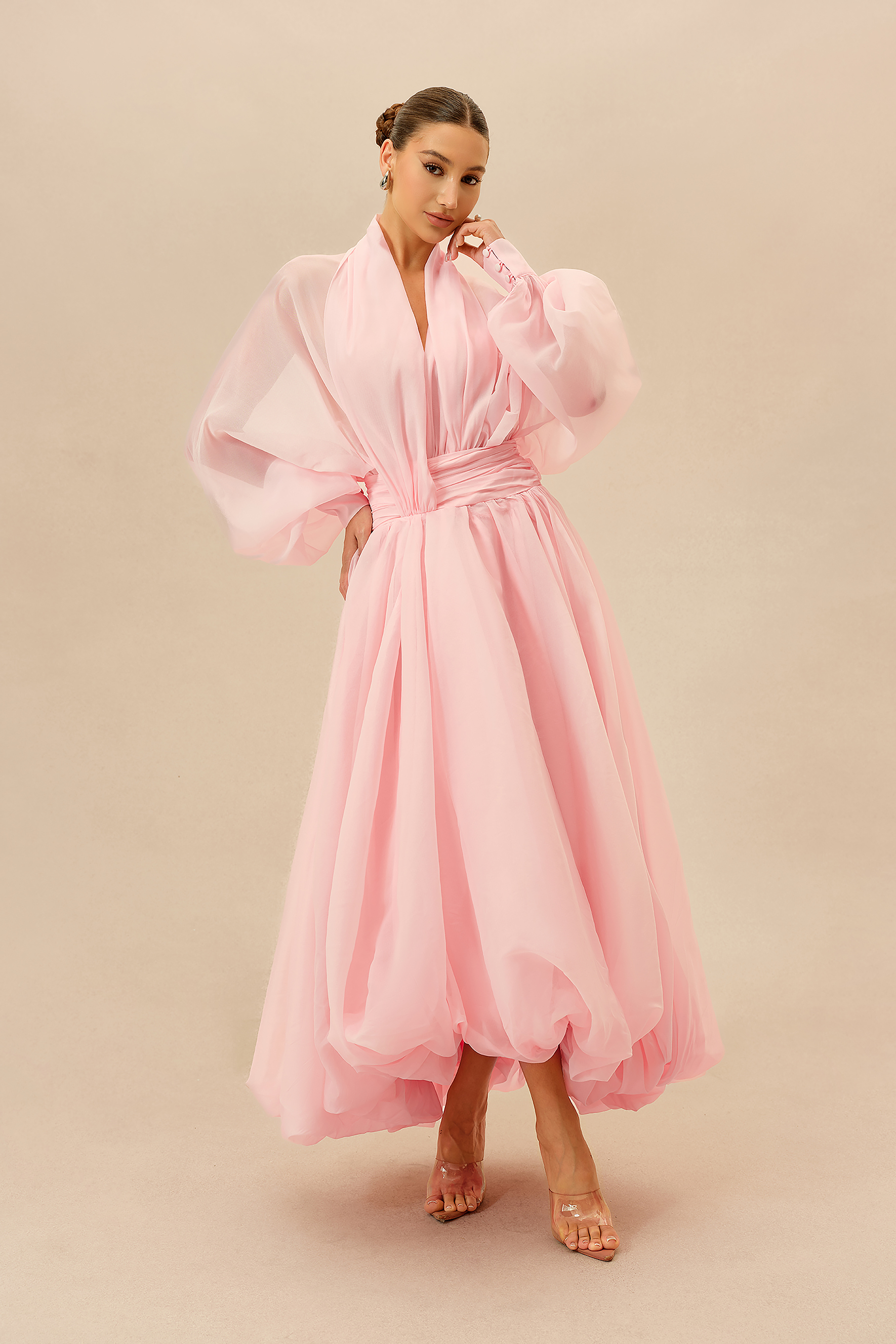 Elegant Moment Pink Deep V-neck Puff Sleeve Maxi Dress